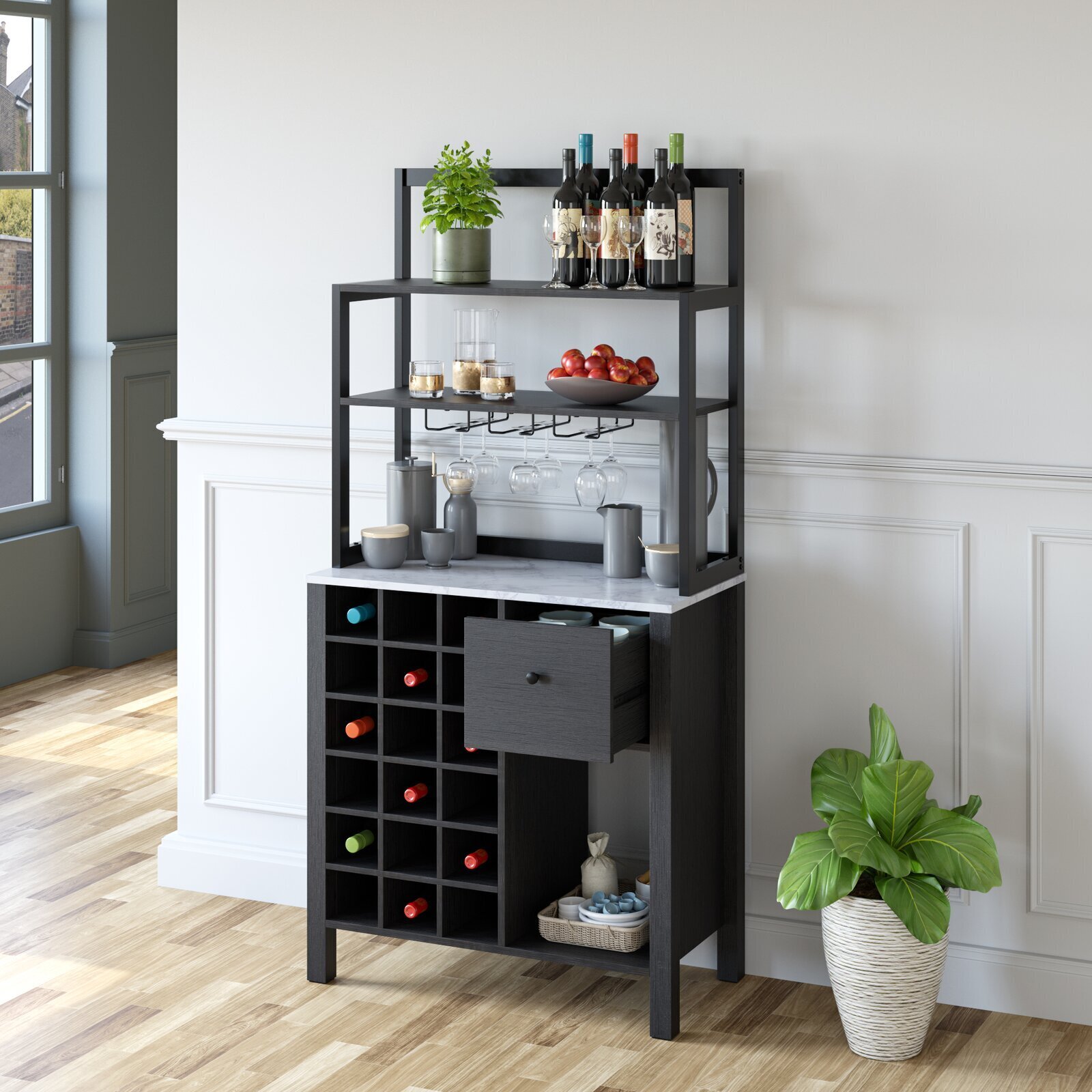 Modern Wine Cabinet With Open Top Shelves