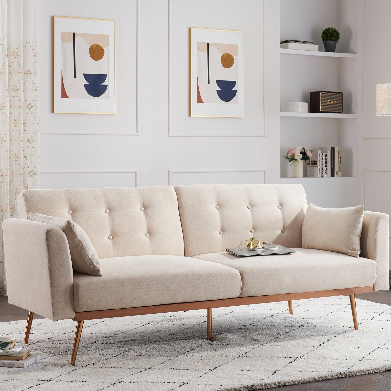 Multipurpose Gold and White Sleeper Sofa