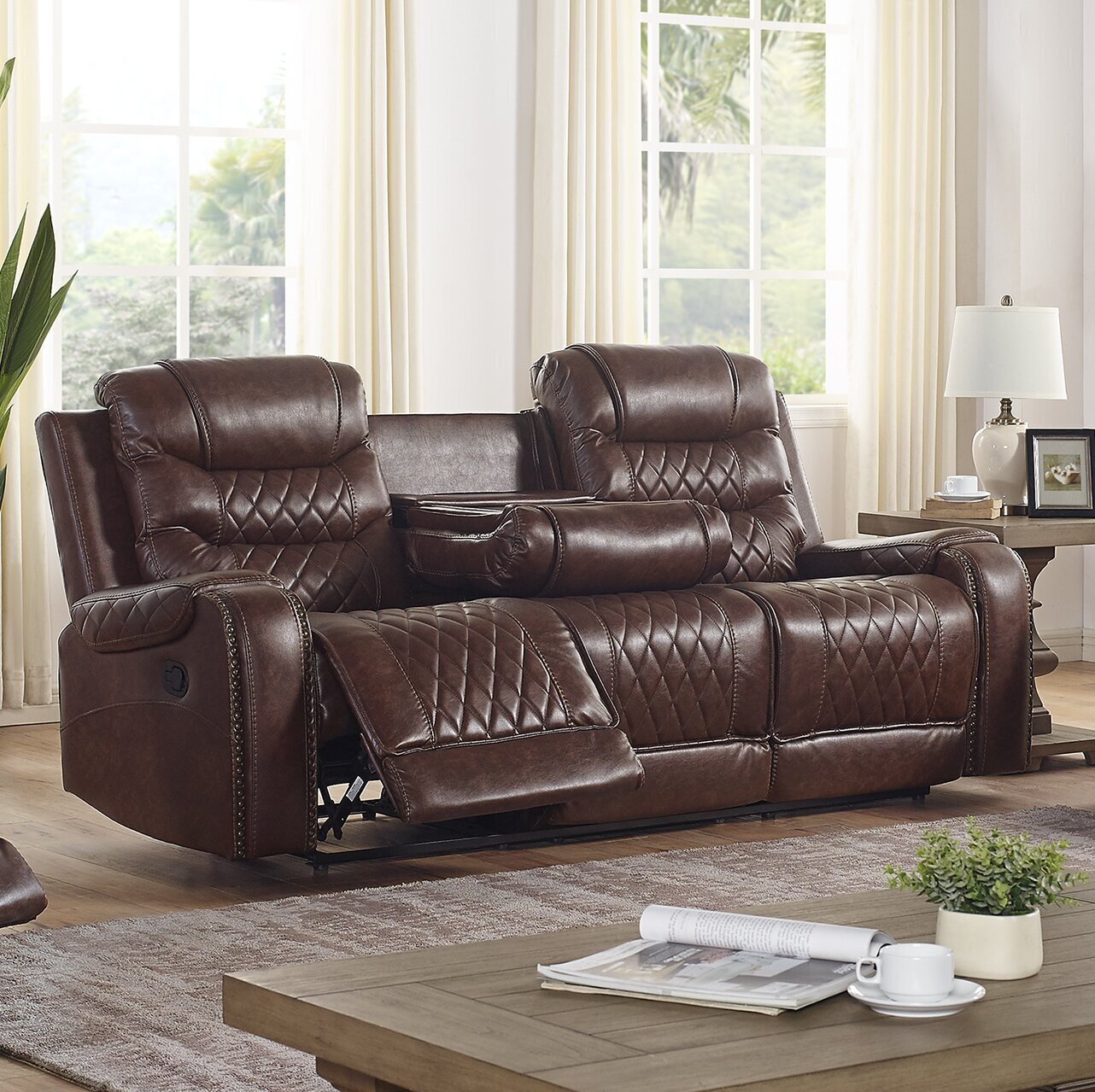 Reclining Traditional Leather Sofa With Nailhead Trim