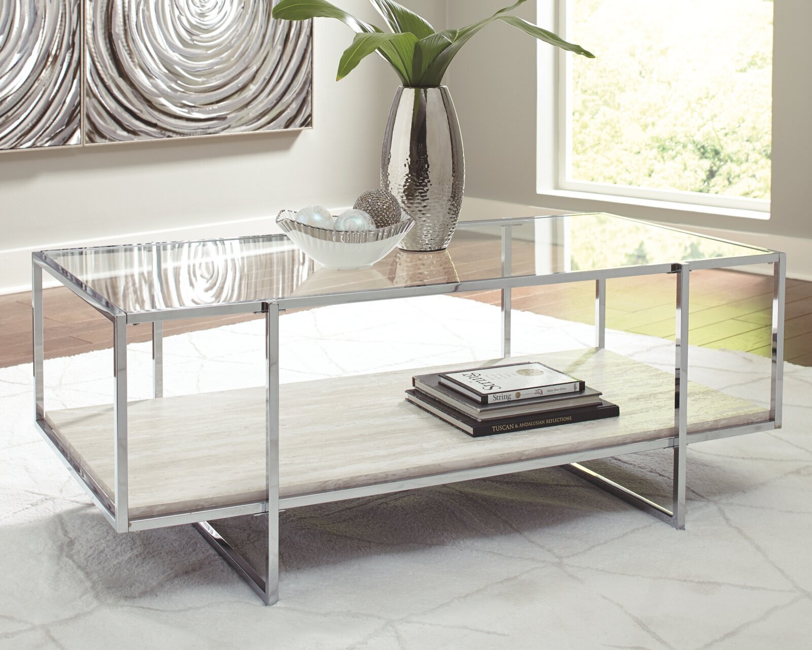 Rectangular Chrome Glass Coffee Table with Faux Stone Shelf 
