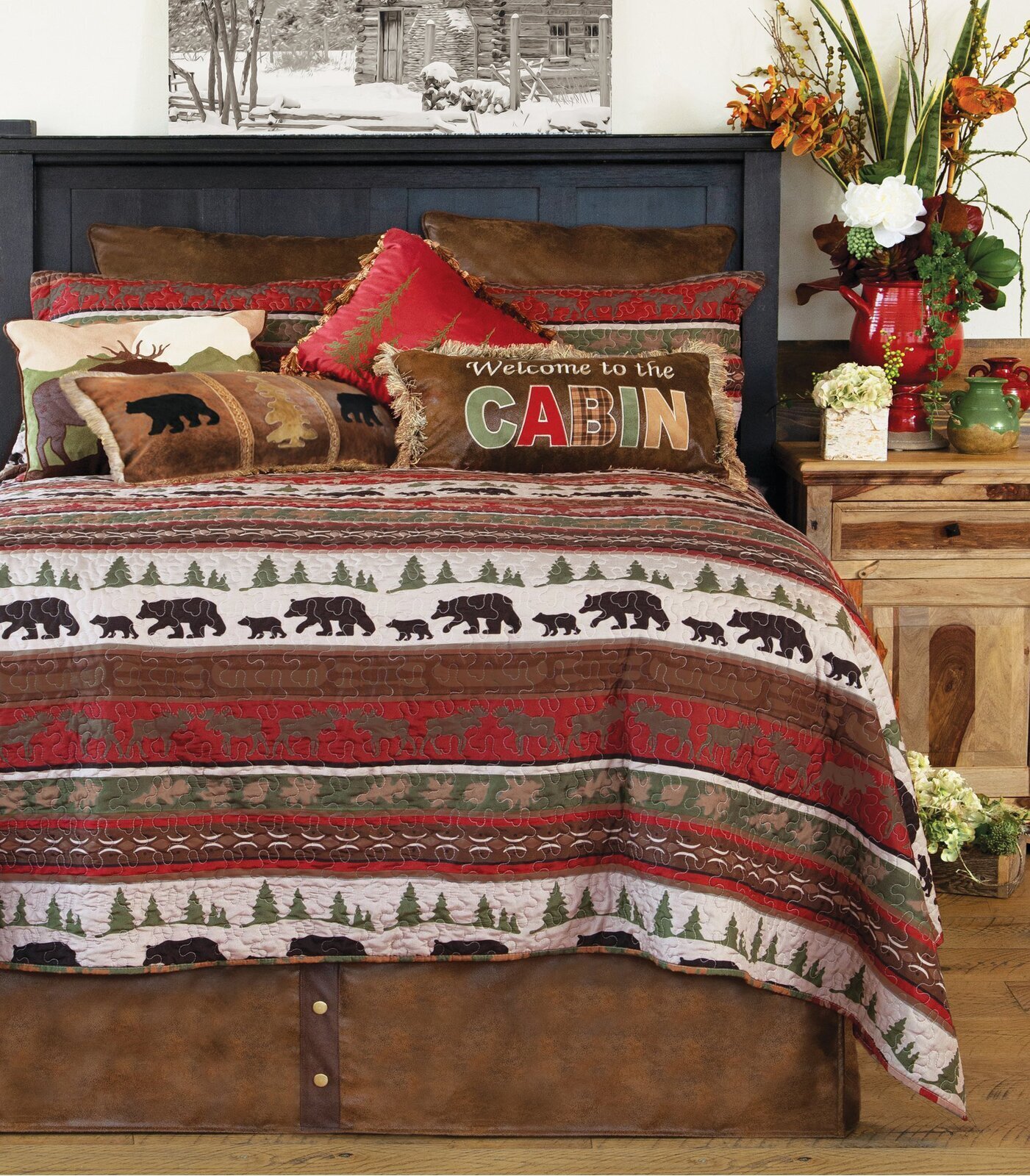 Red And Brown Microfiber Comforter With Geometric Design 