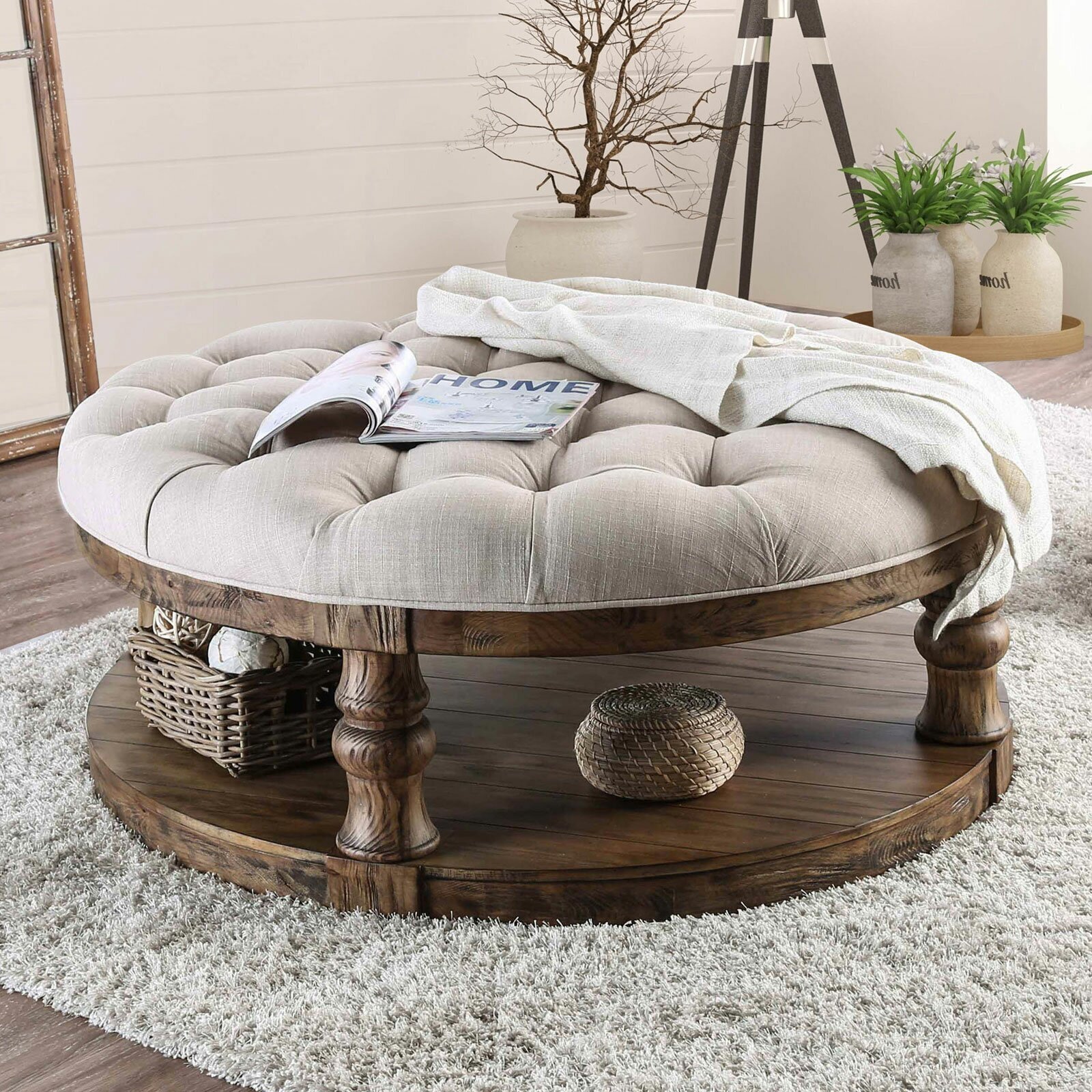 Rustic Extra Large Round Ottoman with Storage