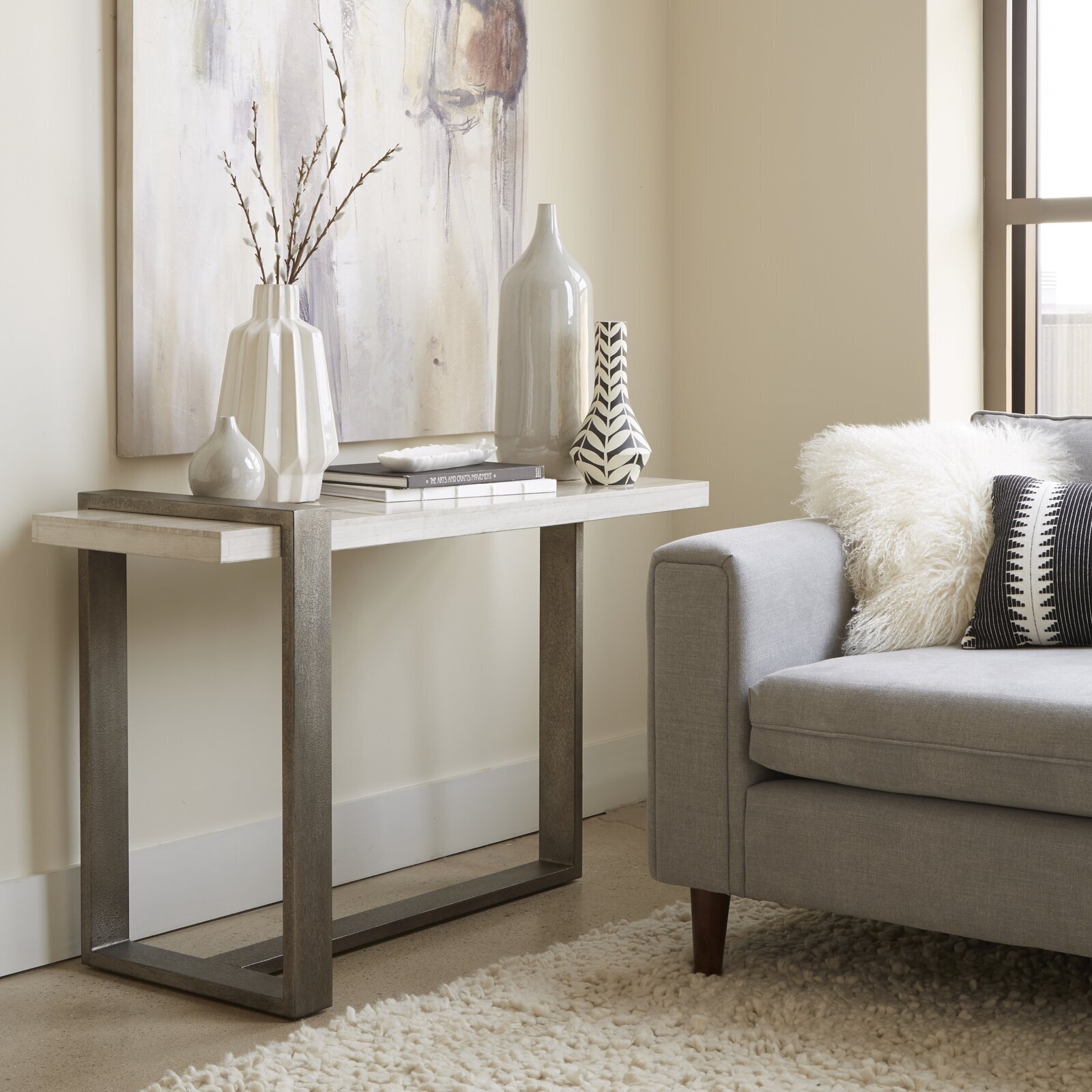 Rustic, Fluid Modern Console With White Marble 