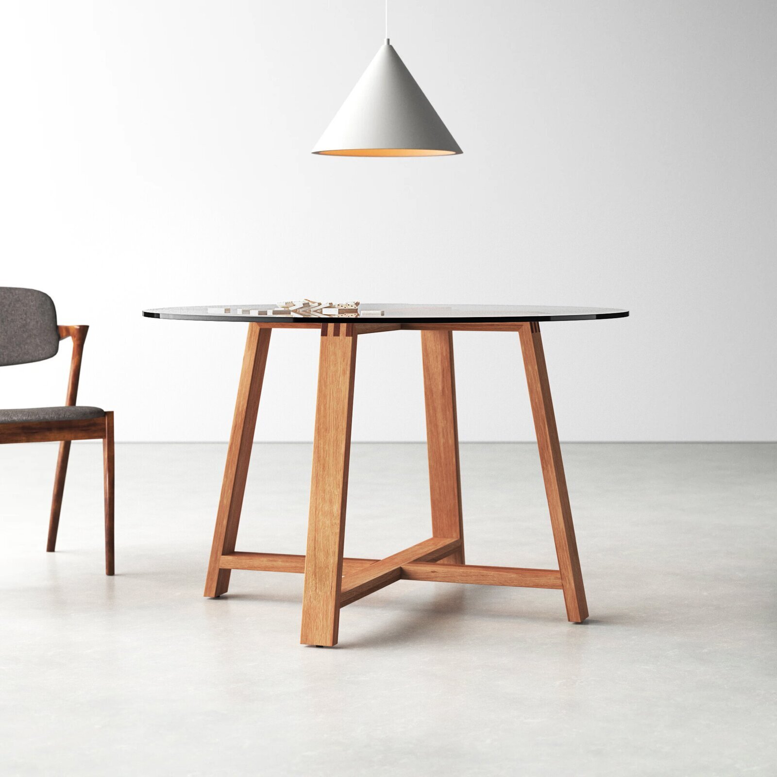 Scandinavian inspired round glass dining table wood base