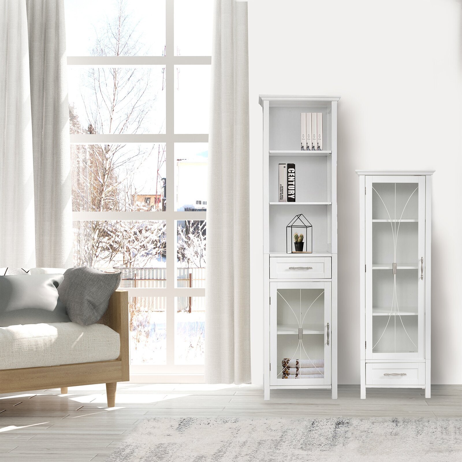 Slim White Cabinet With Displaying Cubby Holes 