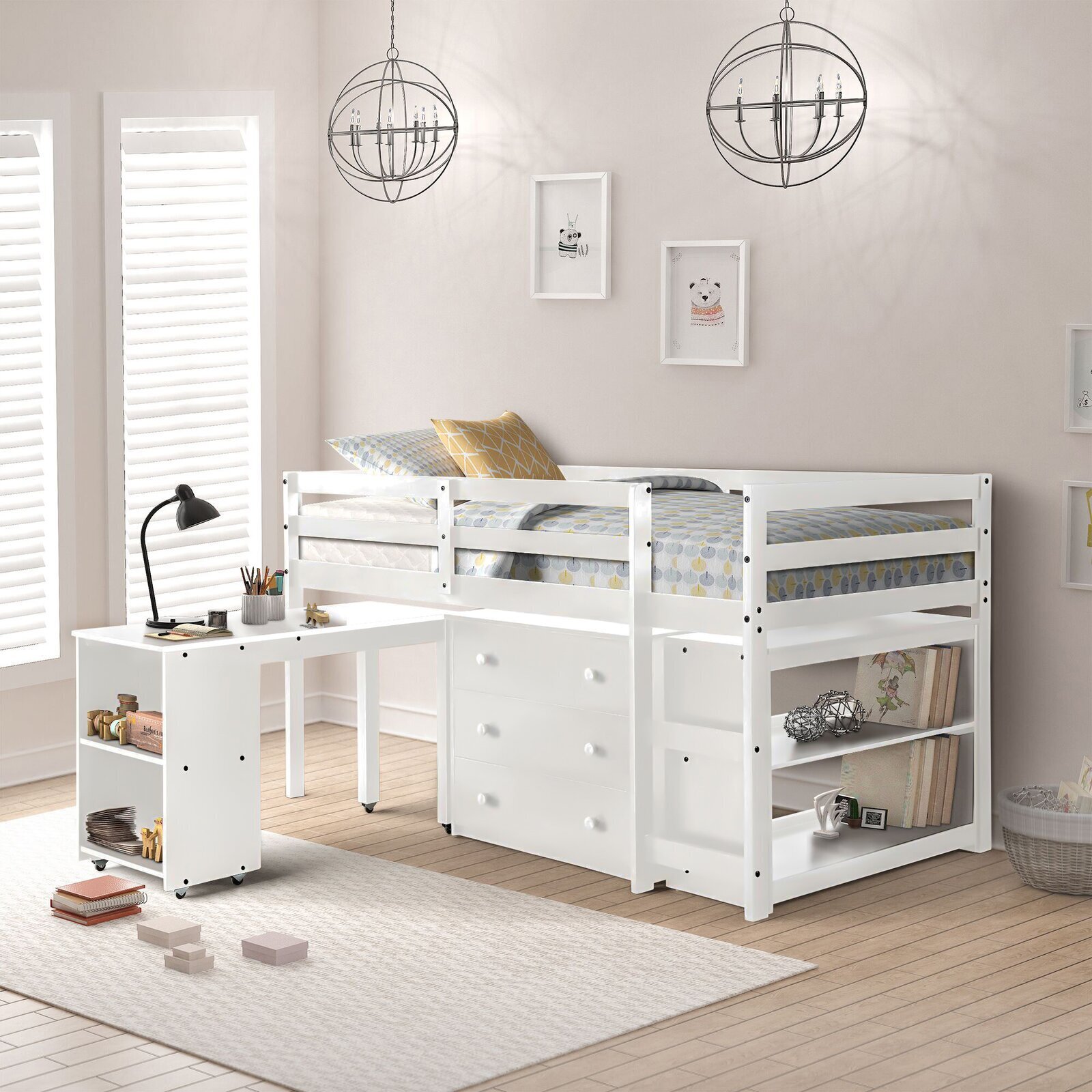 Spacious Loft Bed with Dresser and Bookcase Underneath
