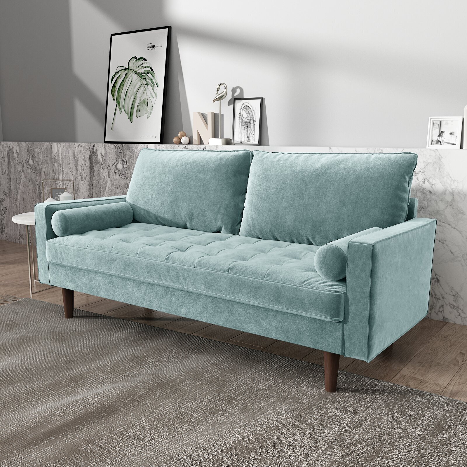 Square Sofa in Crushed Soft Seafoam Velvet