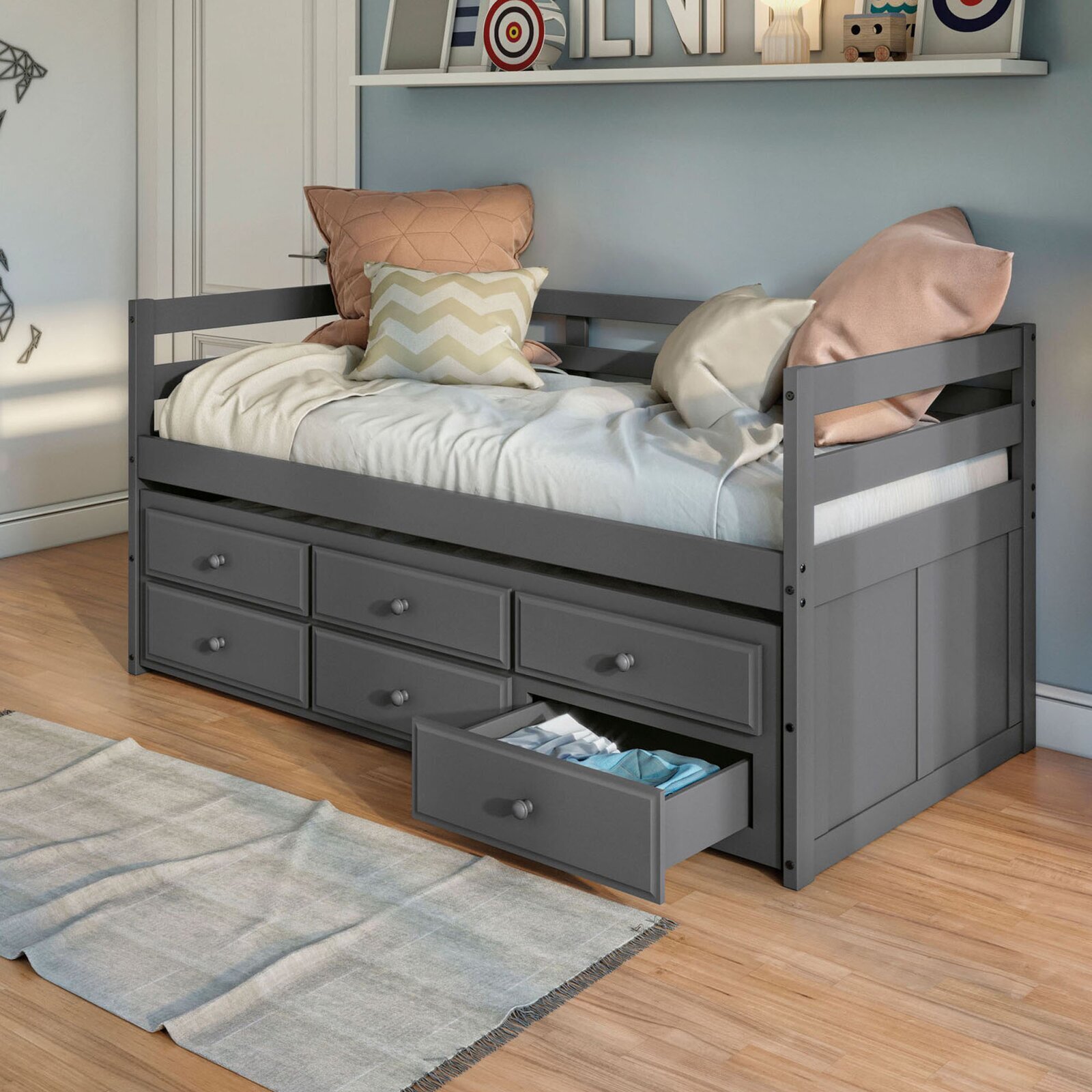 Tall Wooden Daybed With Trundle and Drawers