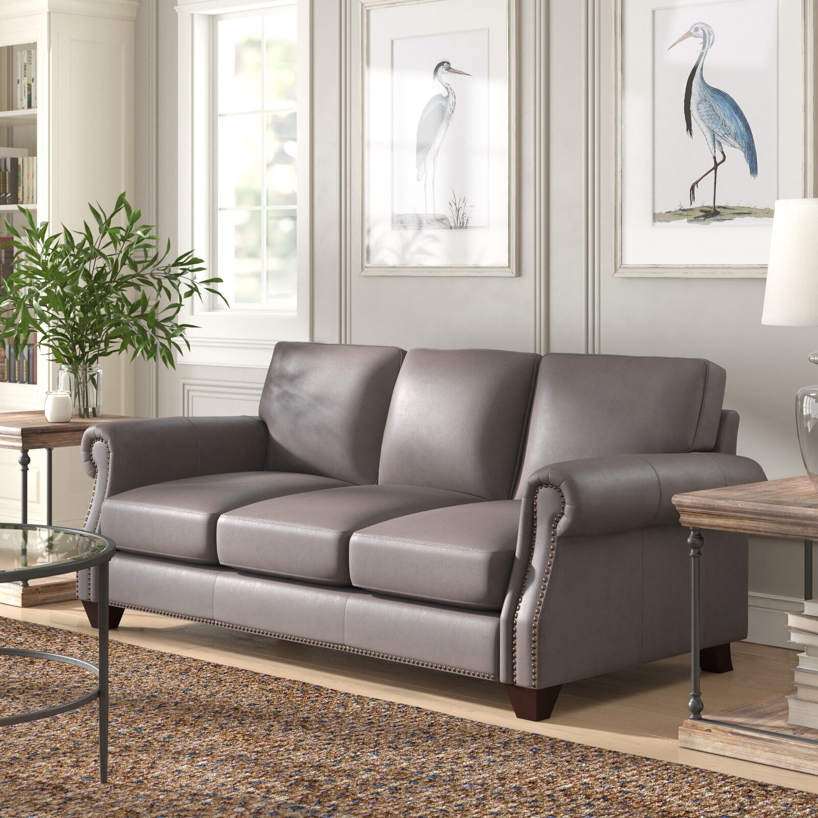 Taupe Leather Sofa with Nailhead Detailing 