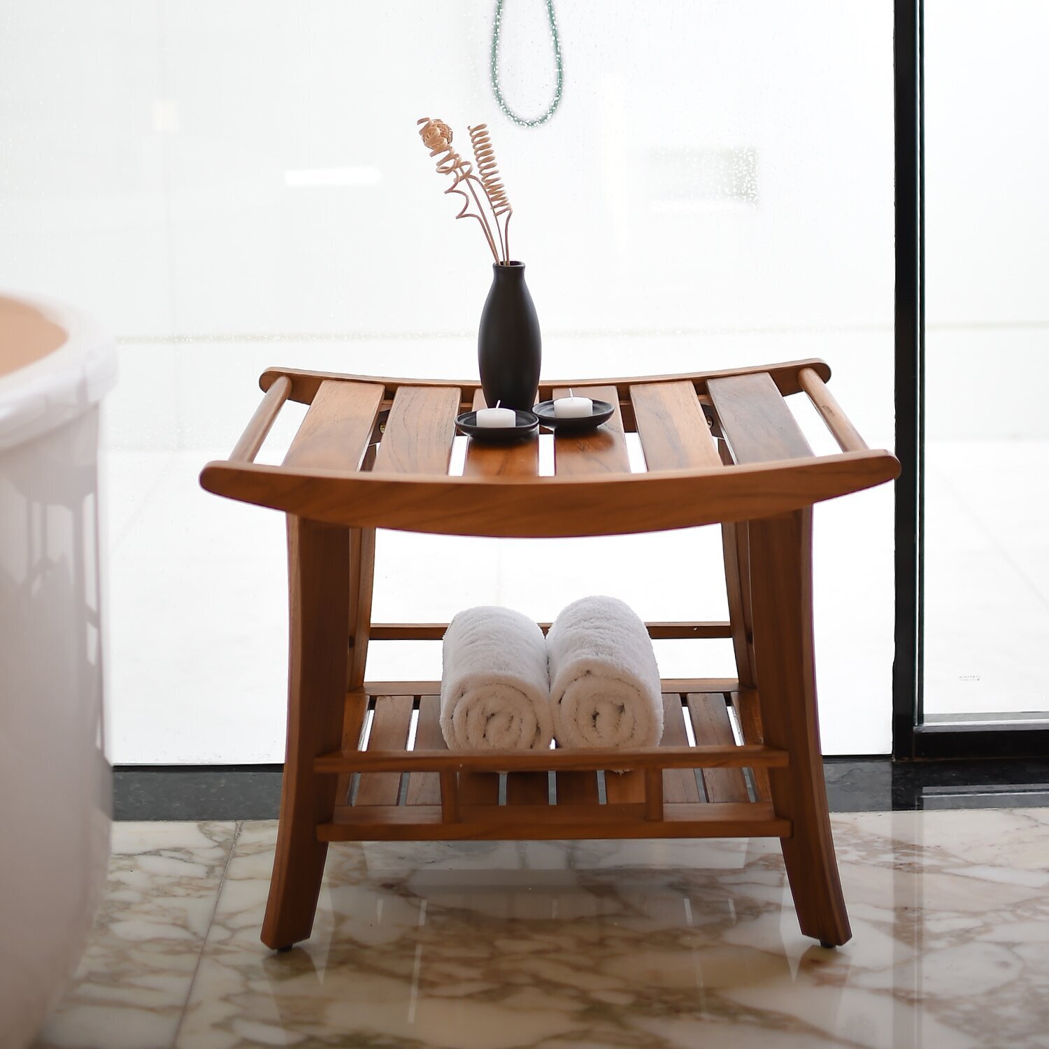 Teak shower shelf with storage shelf 
