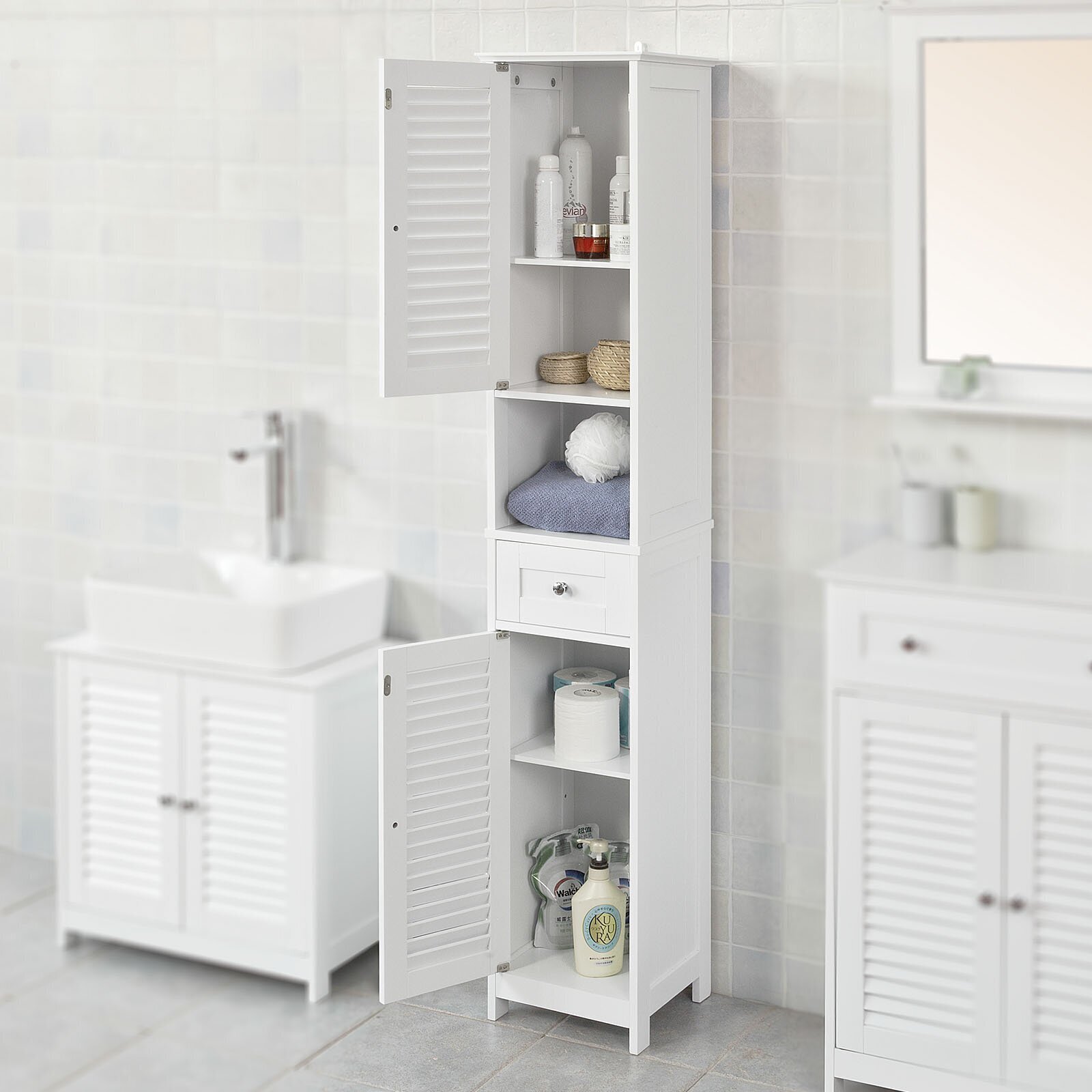 Thin White Cabinet With Louvered Doors 