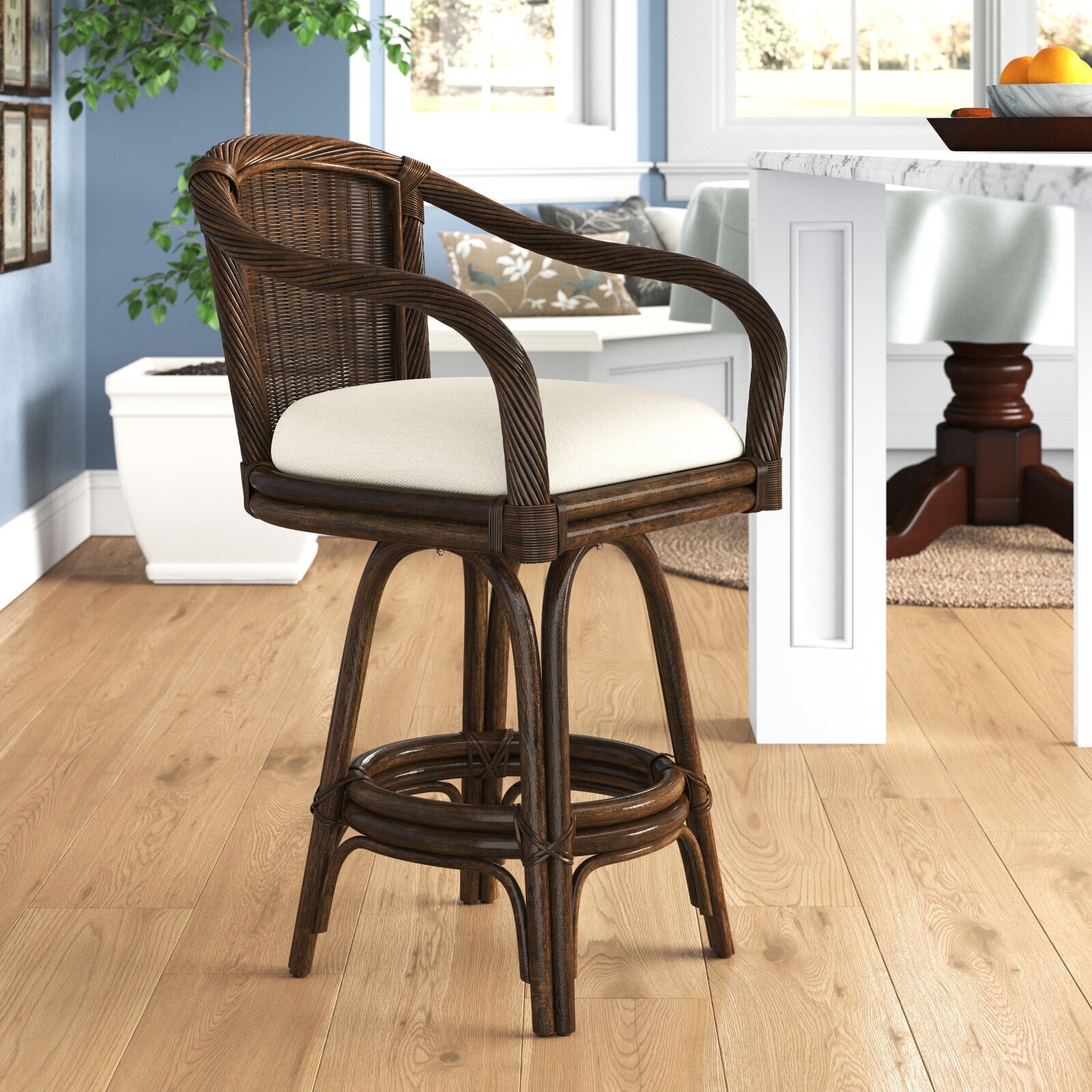Tobacco Brown Wicker & Rattan Swivel Bar Stool