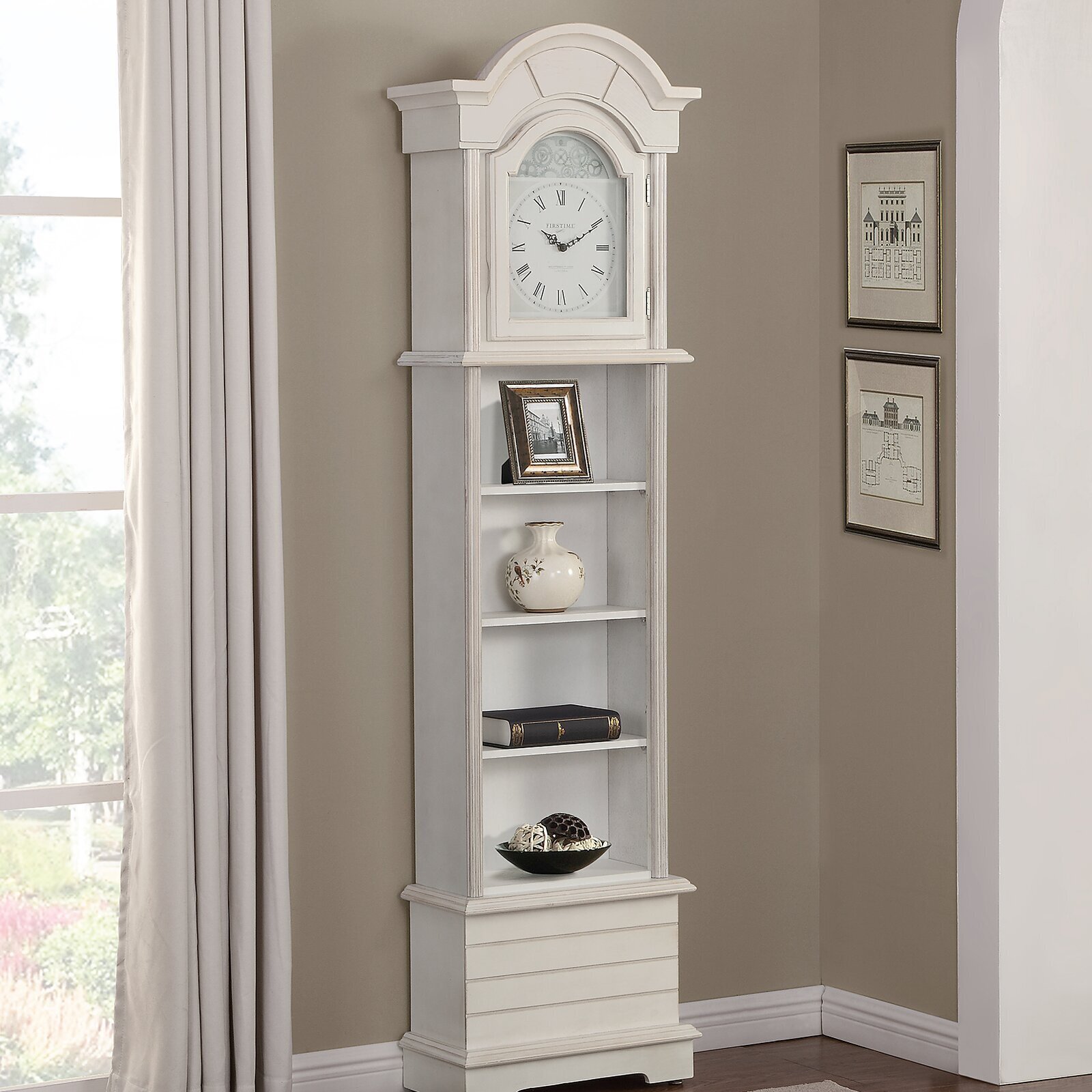 White Grandfather Clock with Display Shelves