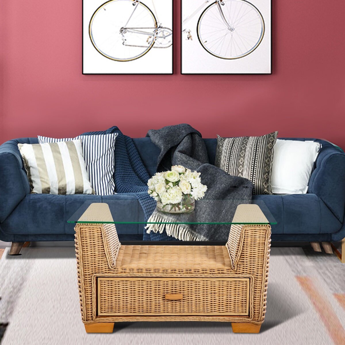 Wicker Storage Coffee Table With Drawer