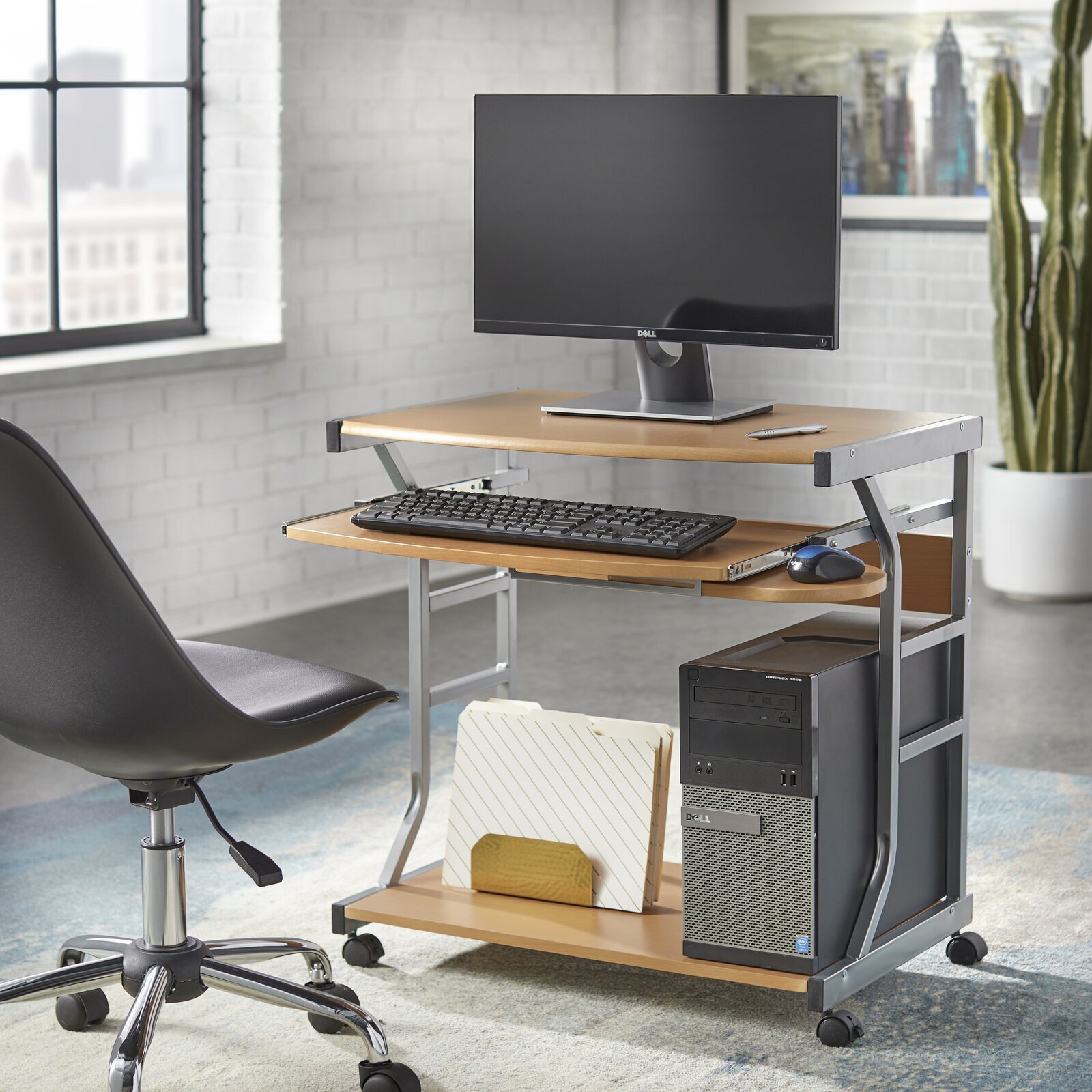 Wood and Metal Small Computer Table on Wheels