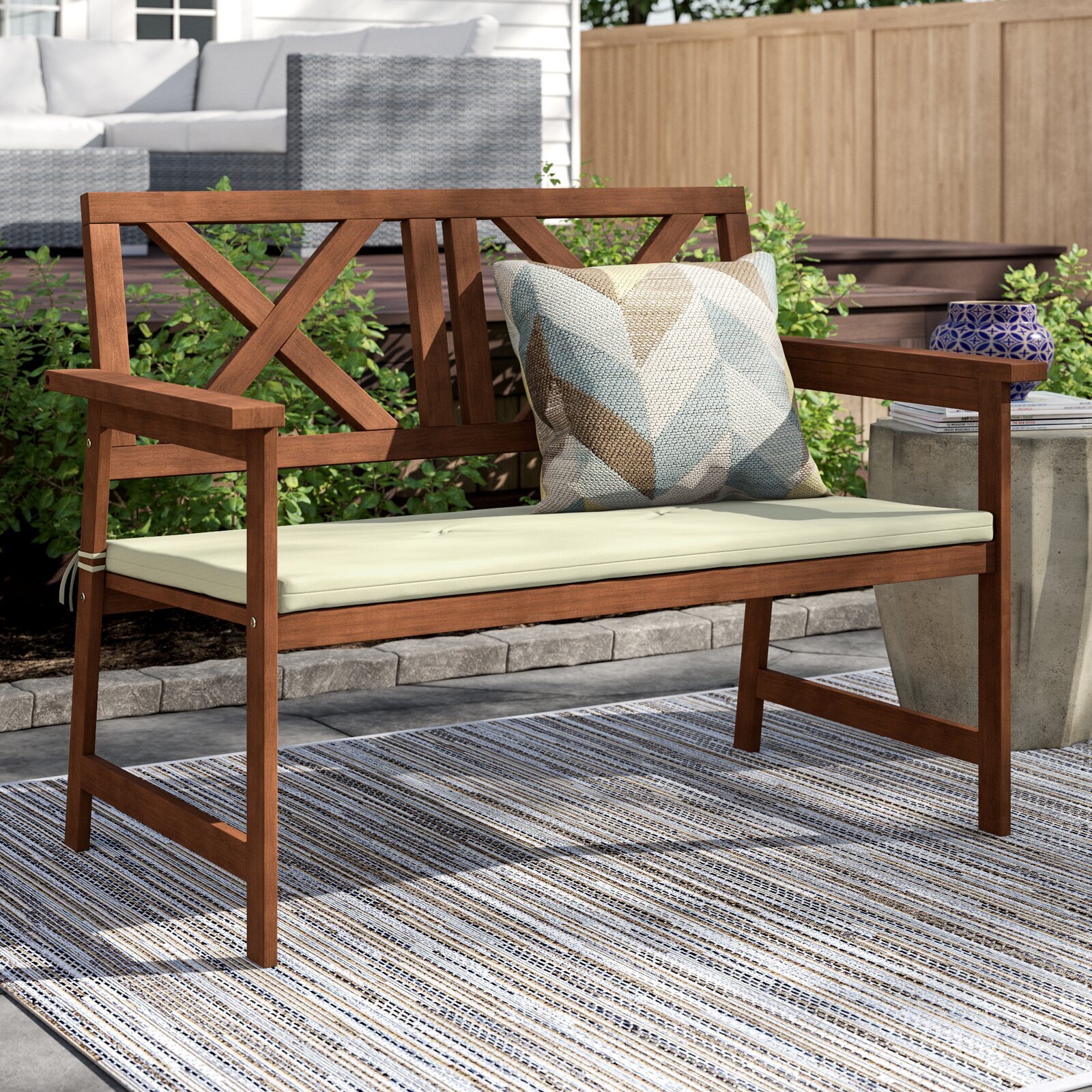 Wooden Bench With Beige Green Cushion 