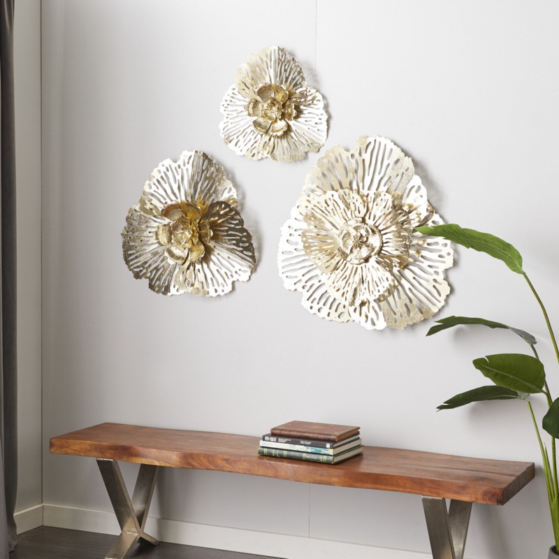 3 Piece Gold Metal Floral Wall Décor Set, 29", 24", 18"H