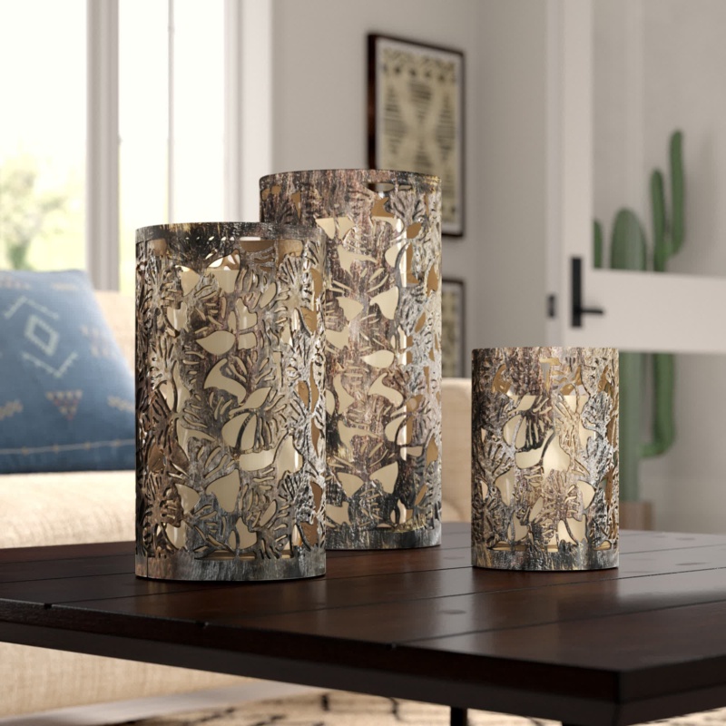3 Pieces Bronze Metal Tree Candle Lantern 12", 9", 5"H