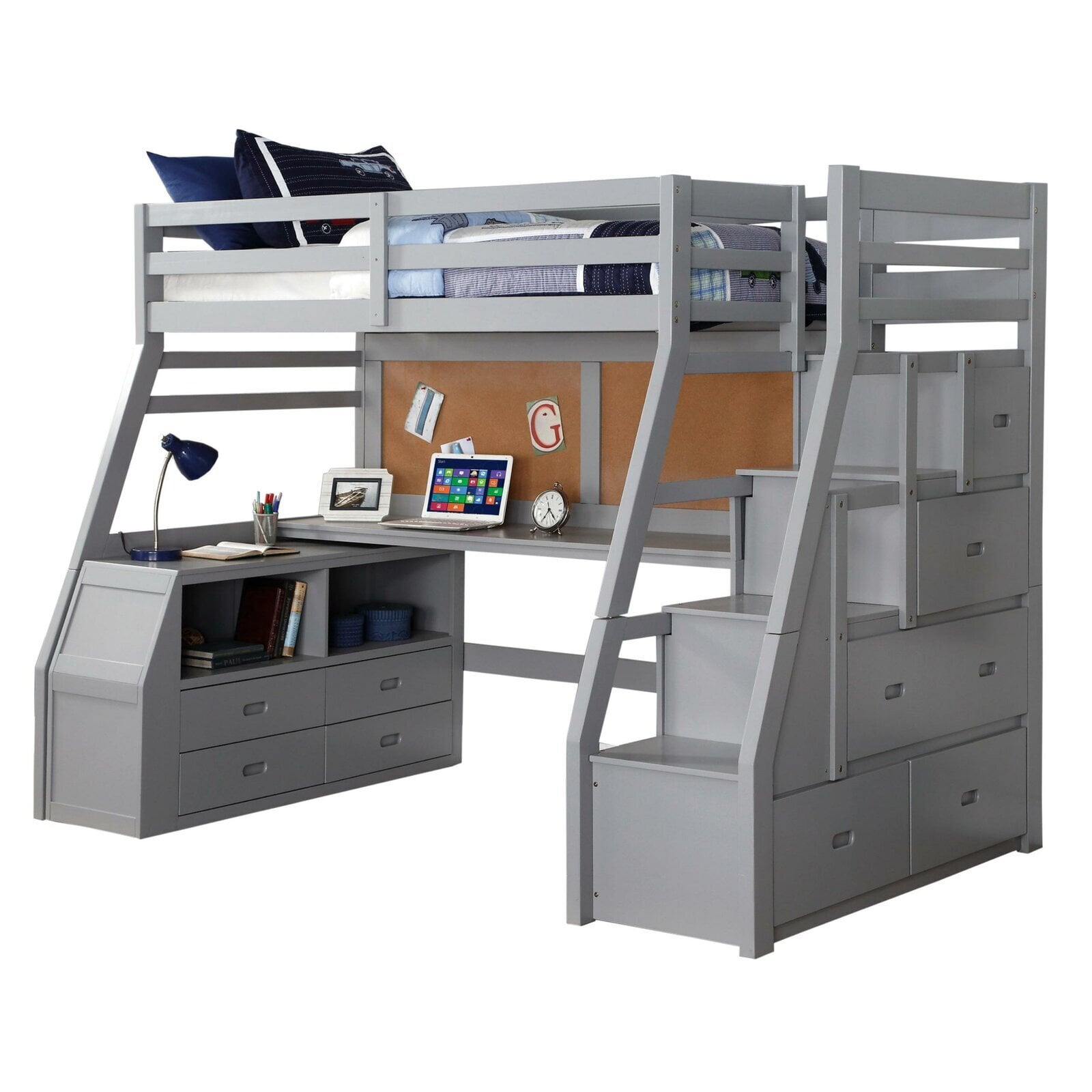 9 Drawer Solid Wood Loft Bed with Desk and Stairs