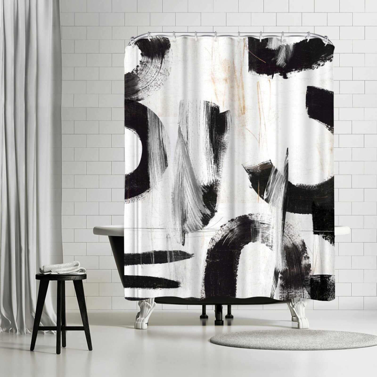 Abstract shower curtain for black and white bathroom