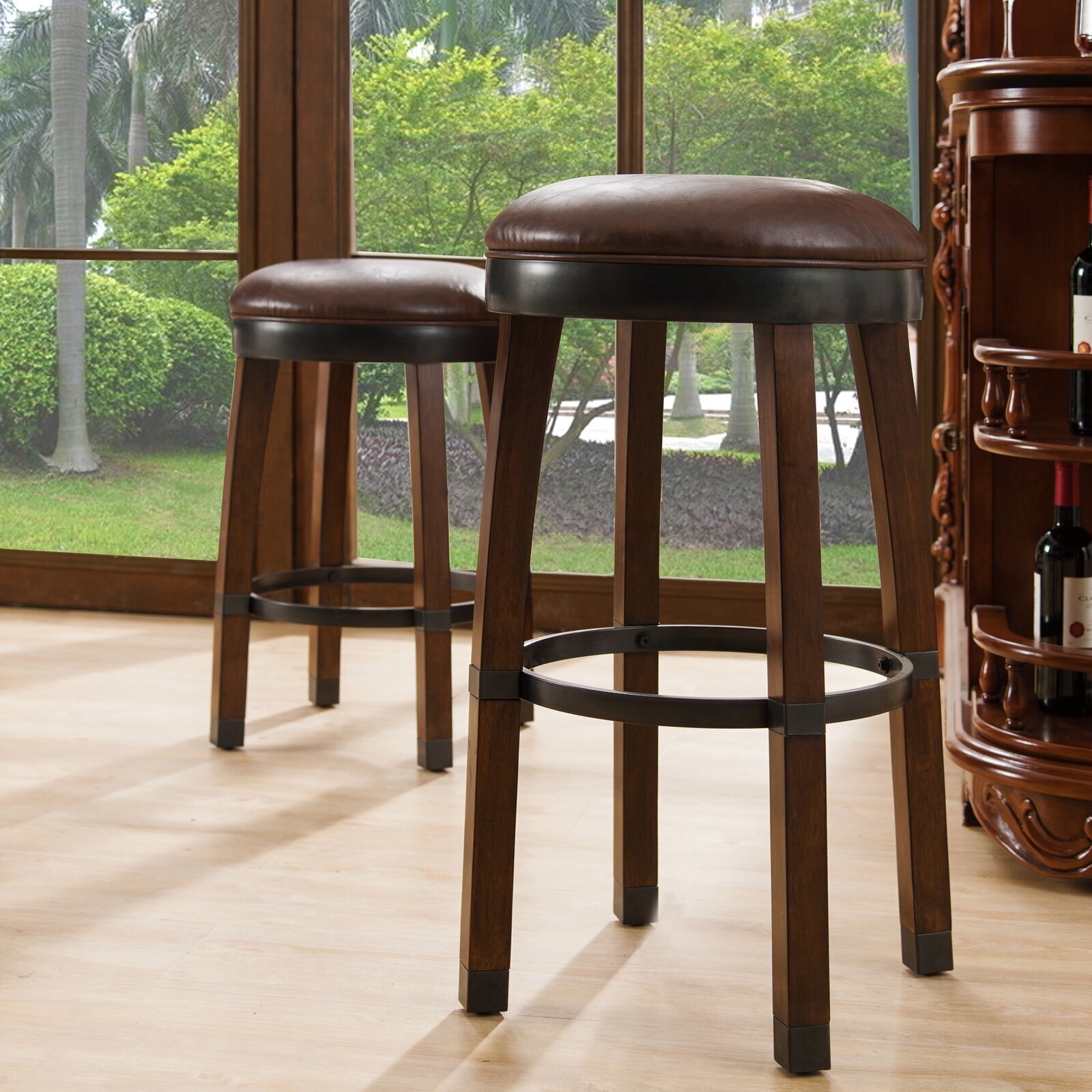 Backless Solid Wood Swivel Bar Stools