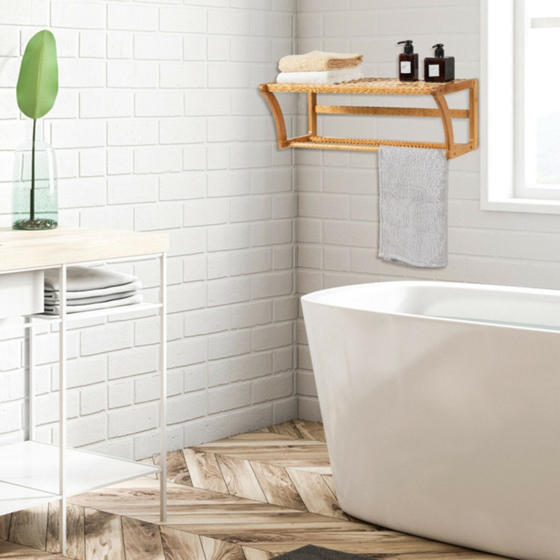 Bamboo Towel Bar Wall Mounted Storage Towel Rack Bathroom Shelf