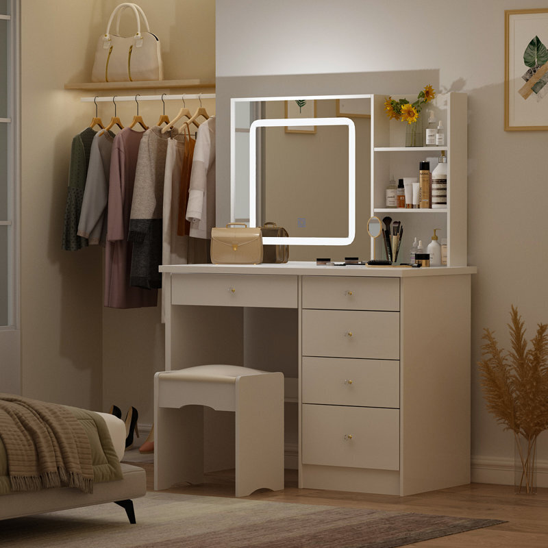 Bedroom makeup vanity with lights and drawers
