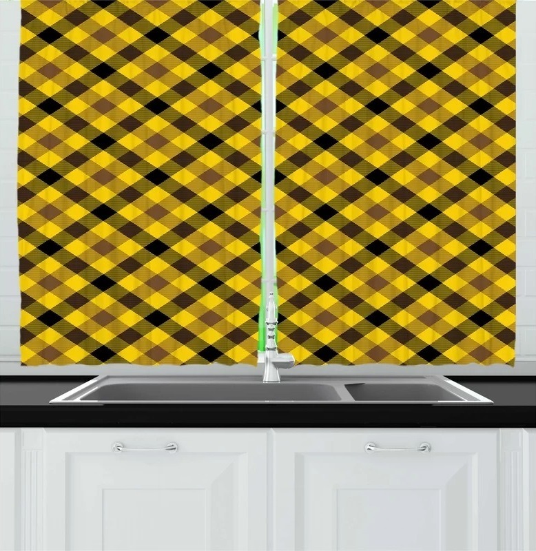 Black Brown and Yellow Gingham Curtain Set