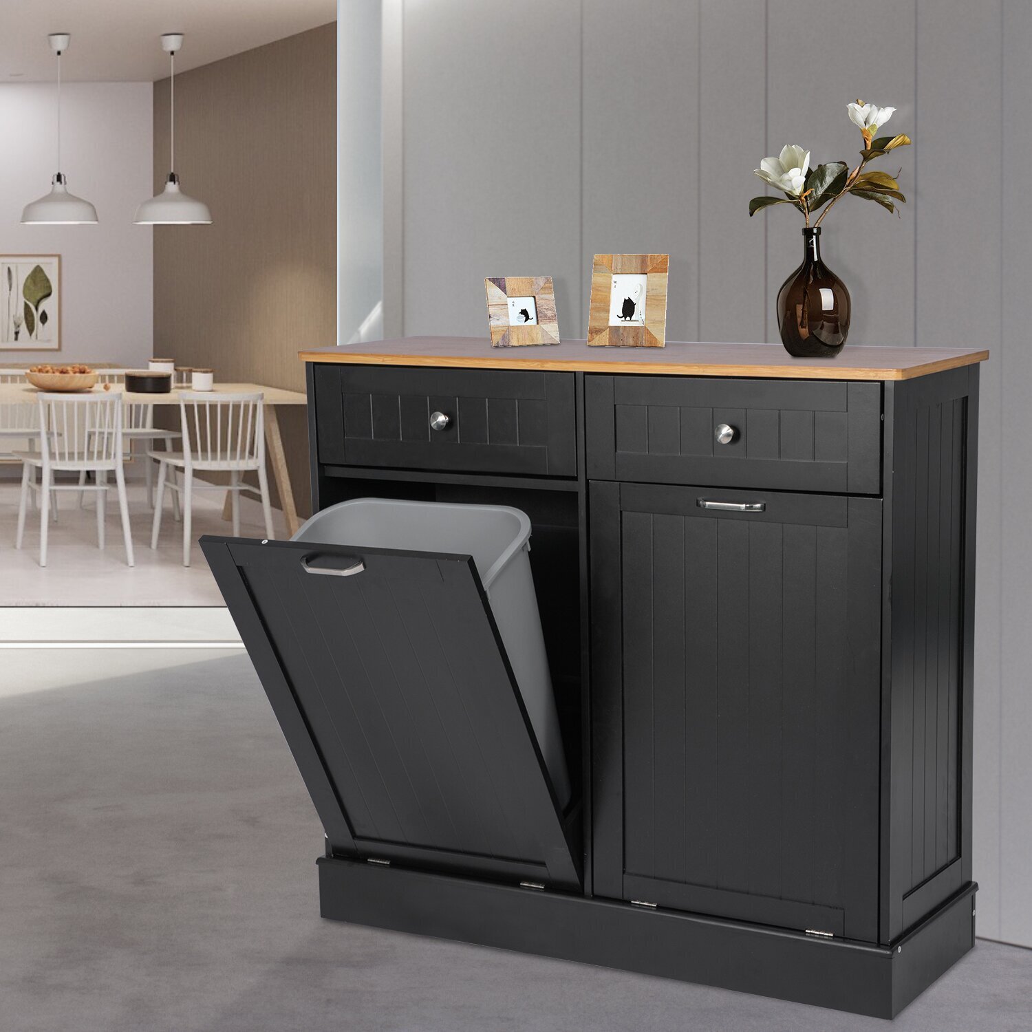 Black Kitchen Island With Garbage Bin