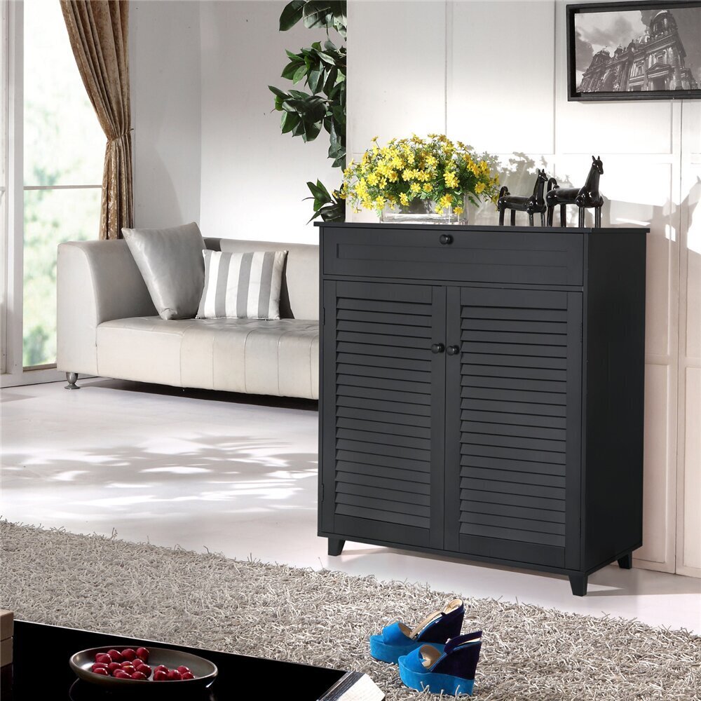 Black shoe cabinet with doors ensuring ventilation