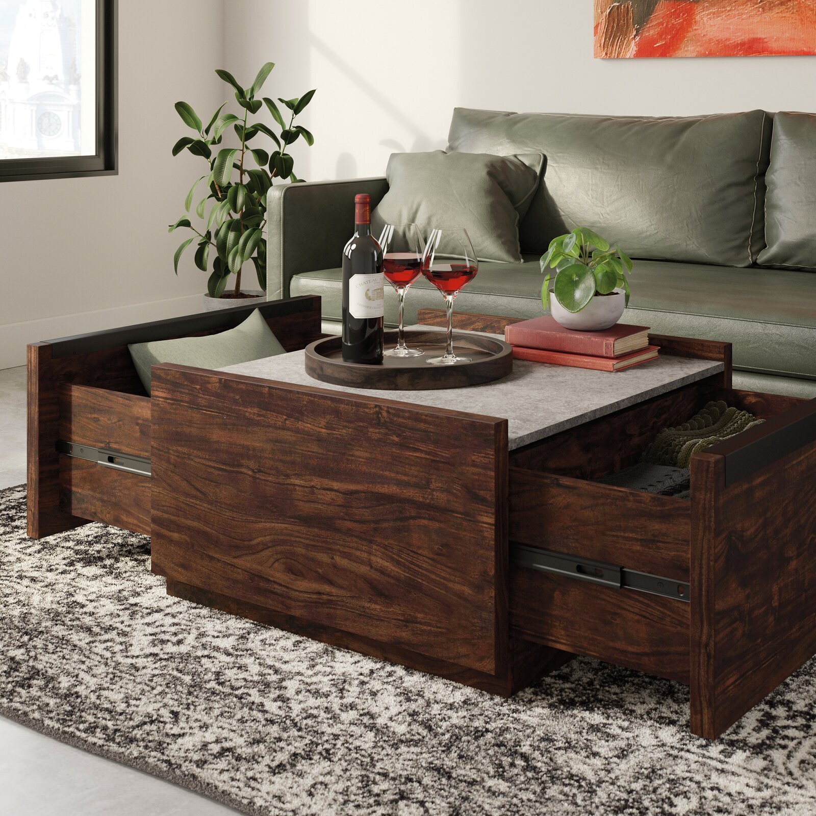 Block Style Dark Wood Square Coffee Table