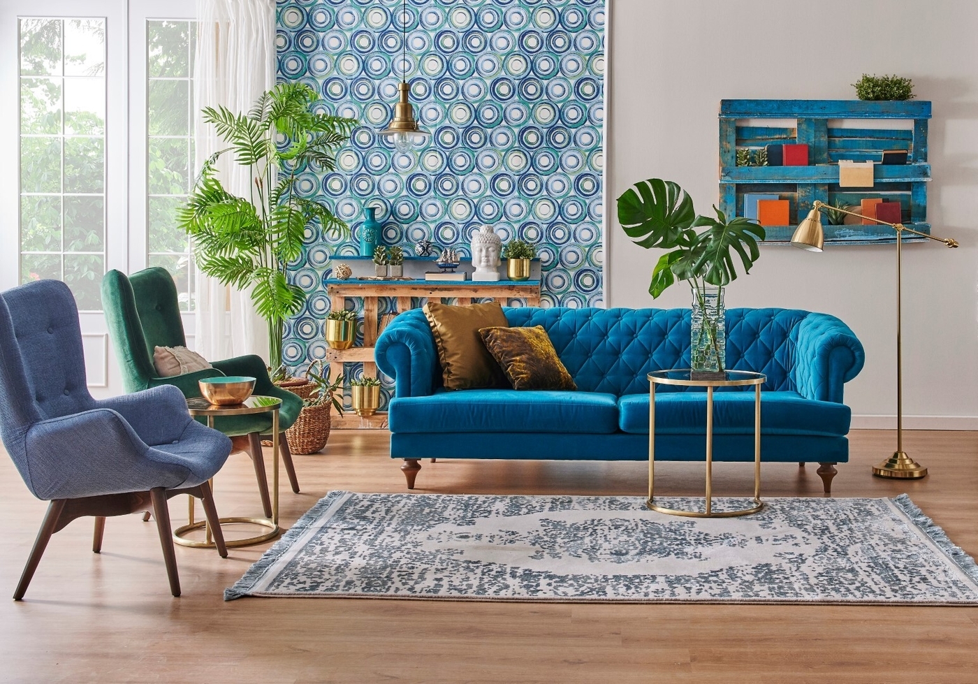 Blue wallpaper and sofa