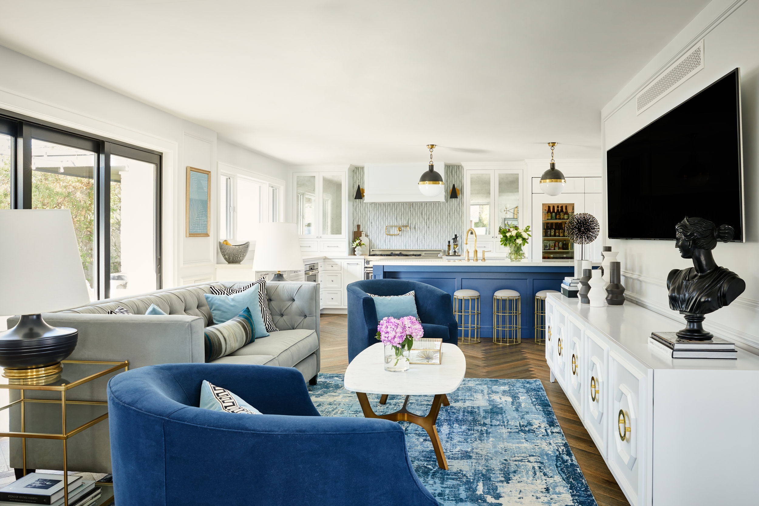 Blue, white, and gray living room