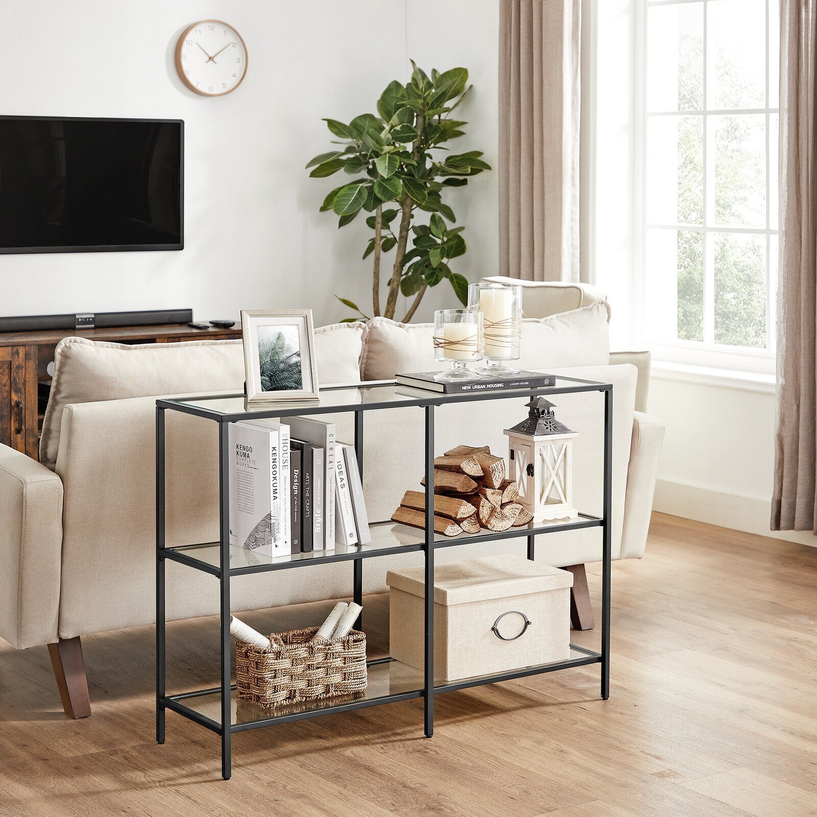 Bold Metal and Glass Black Entryway Table