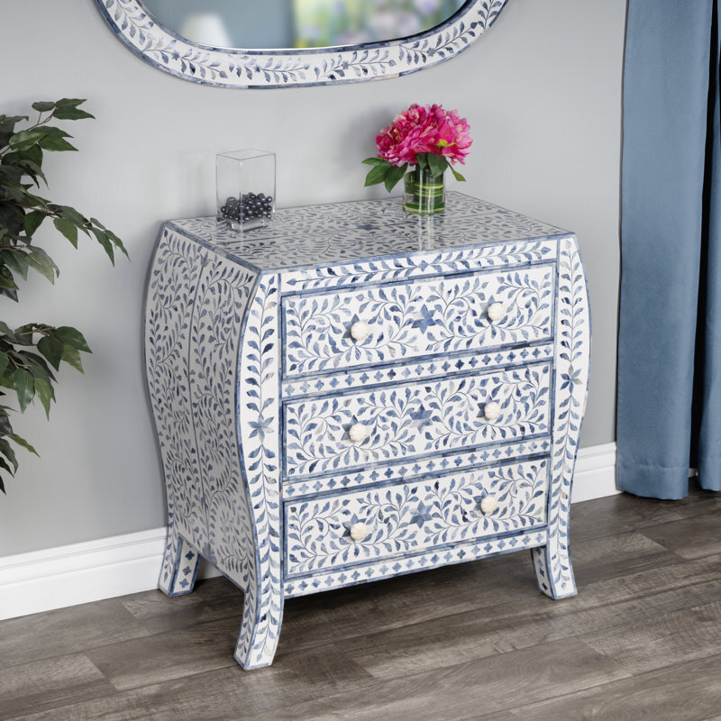 Bone Inlay Cream and Blue Botanical Bombe Chest