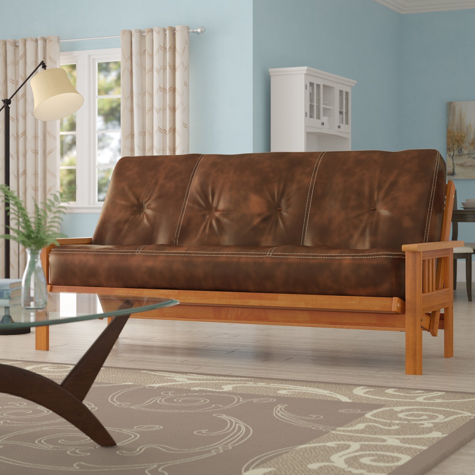 Brown Faux Leather Farmhouse Futon