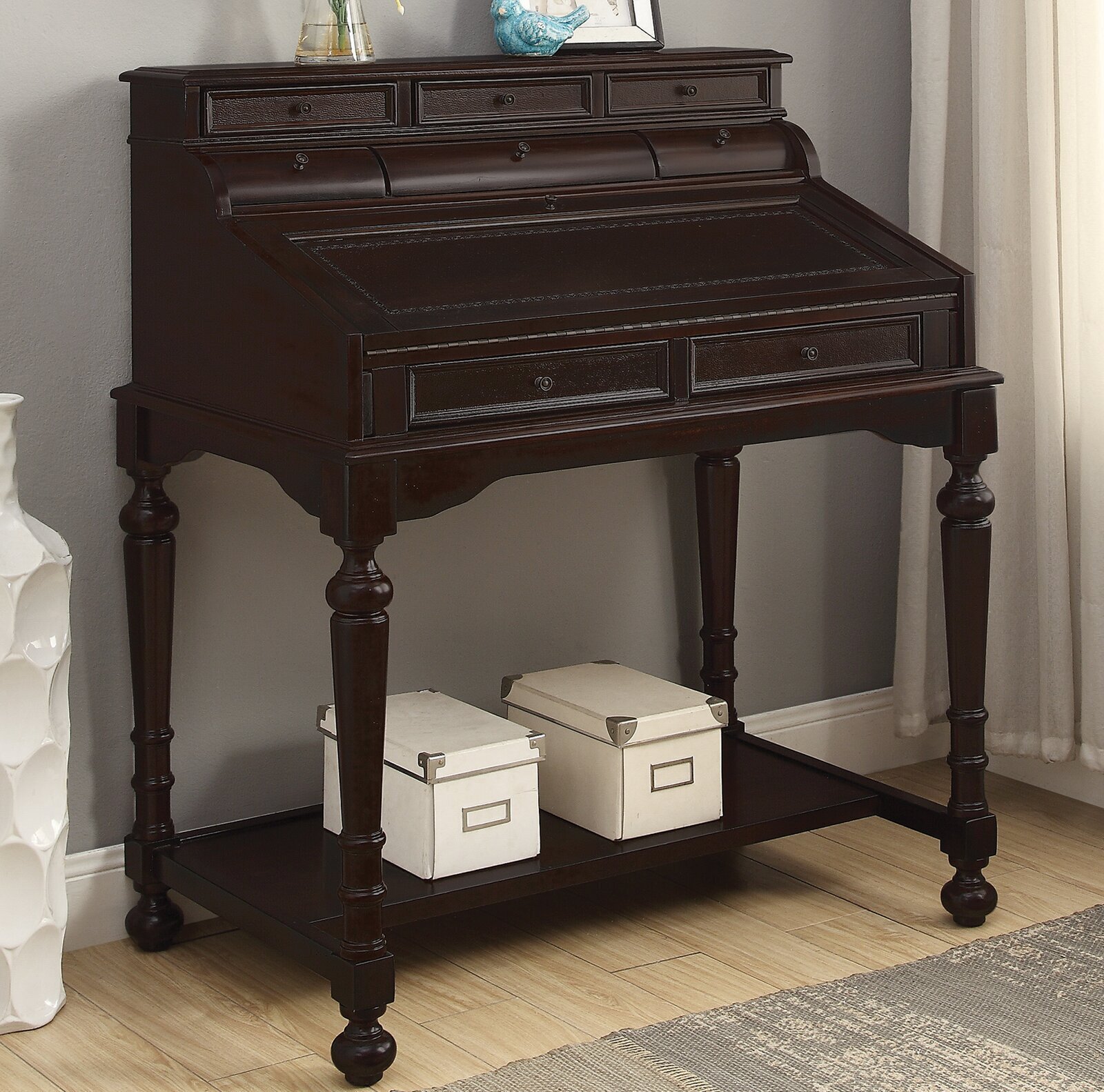 Brown Solid Wood Rolltop Desk