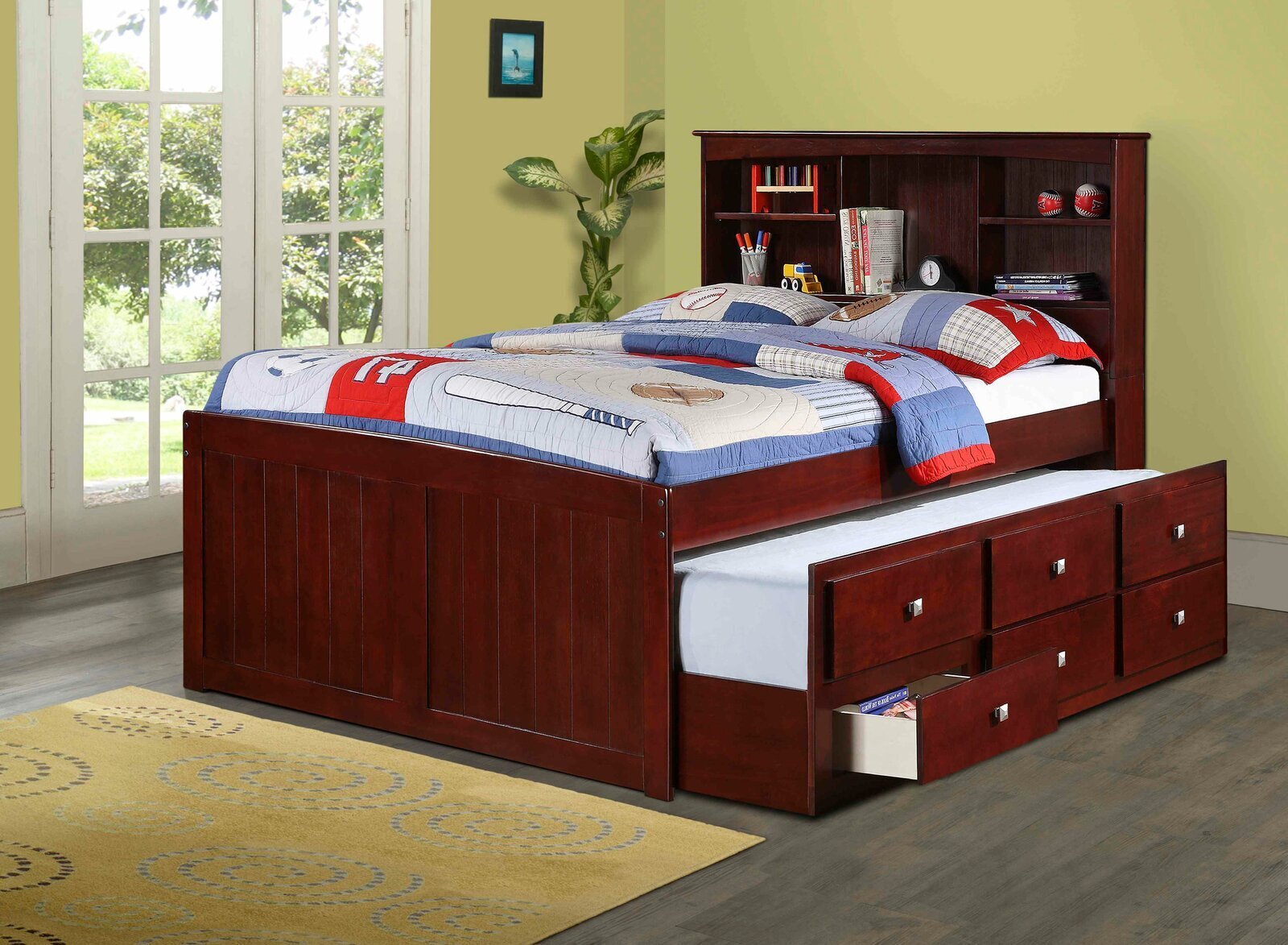 Cappucino Full Size Bed With Bookcase Headboard and Trundle