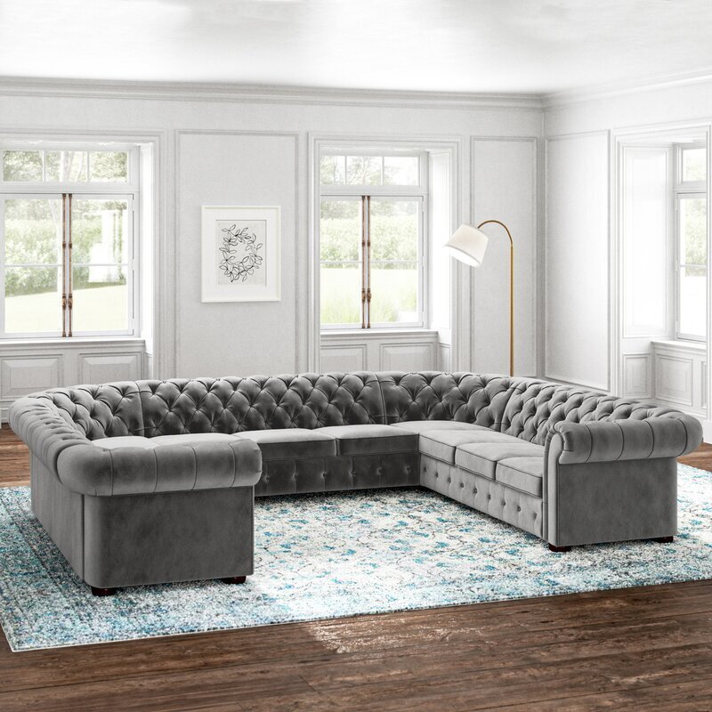 Chesterfield inspired sectional in velvet gray