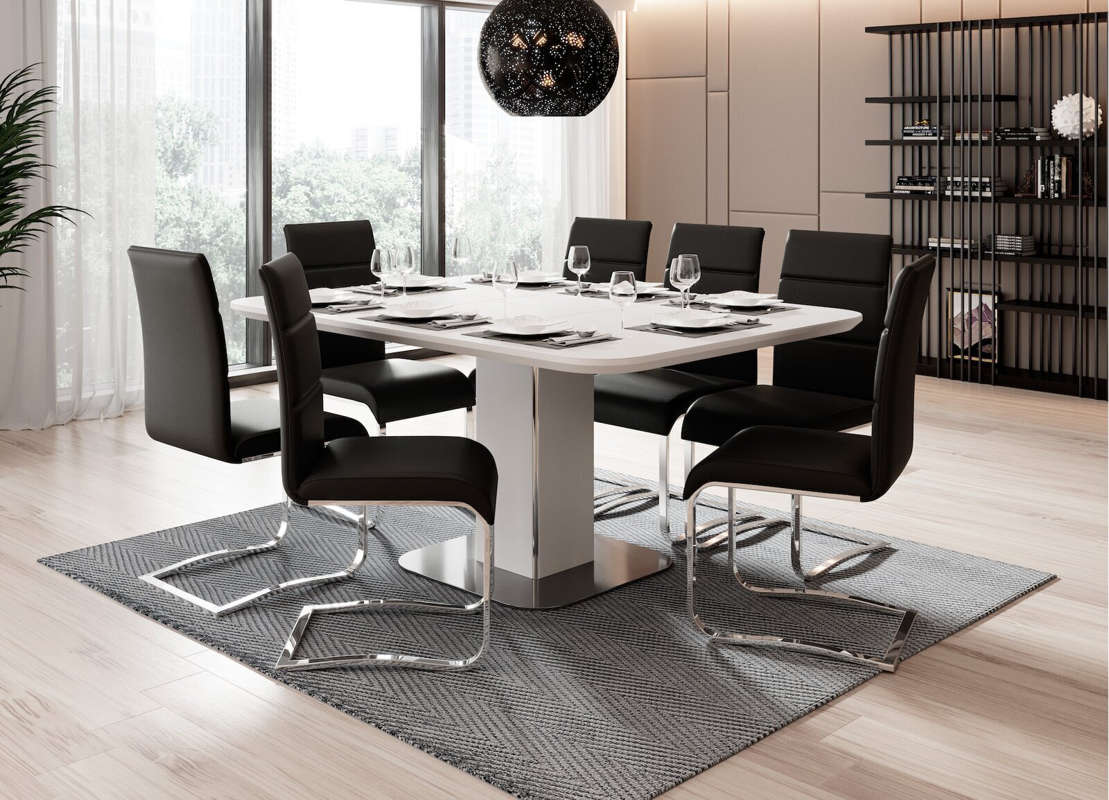 Chrome White Glass and Steel Dining Table