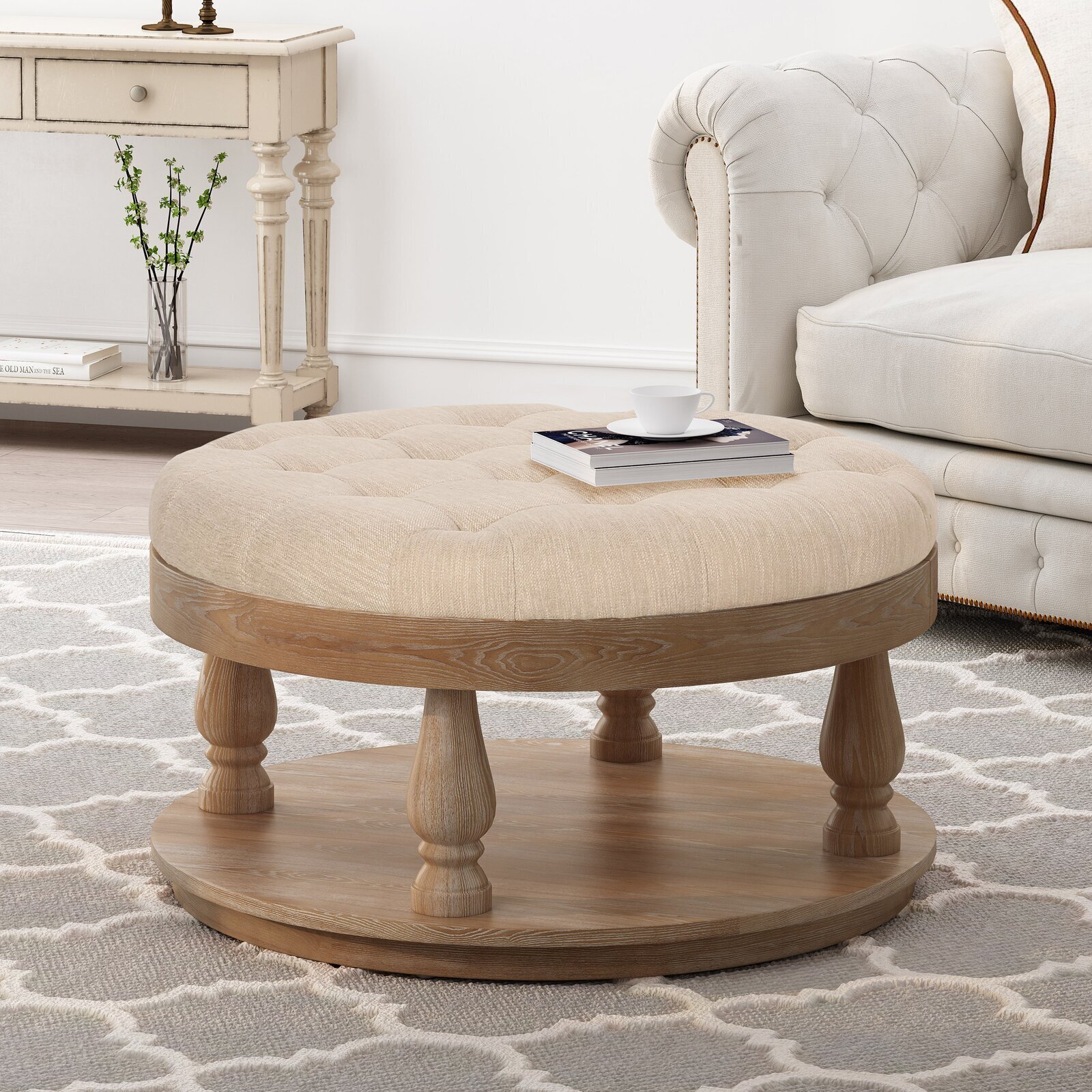 Circle Ottoman Coffee Table With Shelf
