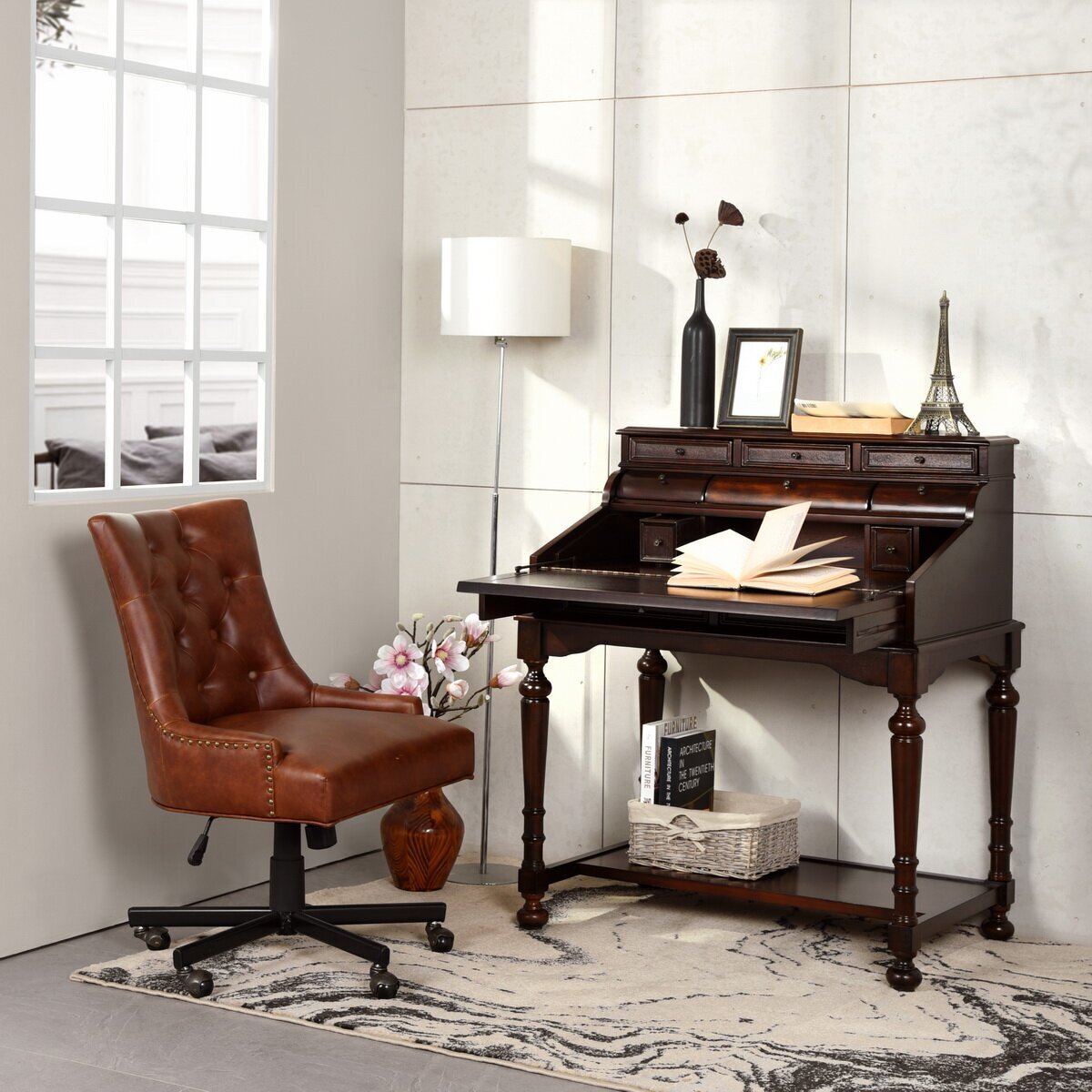 Classic Walnut Secretary Roll Top Desk 