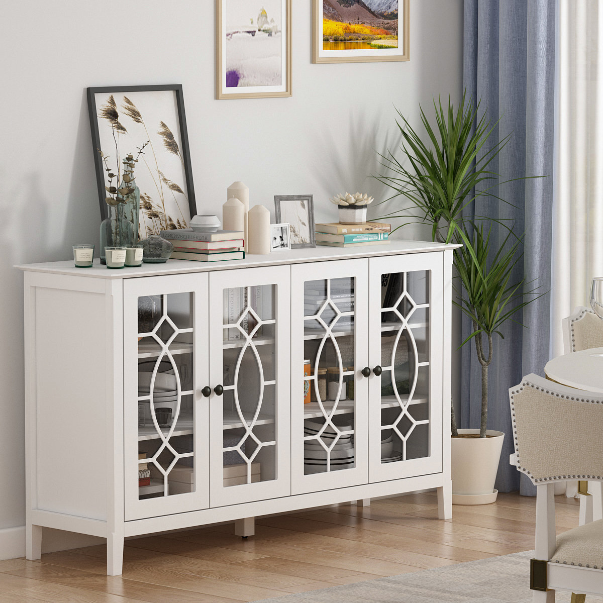 Classic White Glass Buffet Cabinet