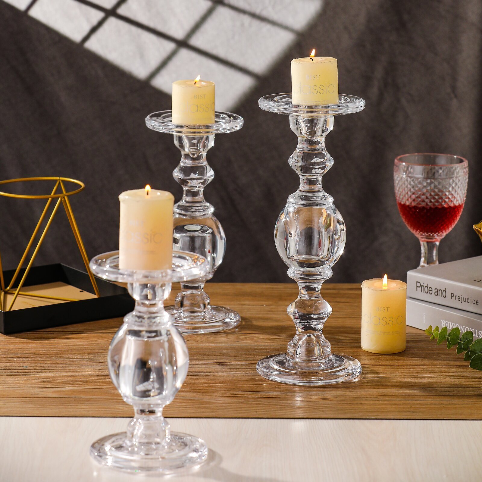 Clear Glass Pillar Candle Holders Set of 3