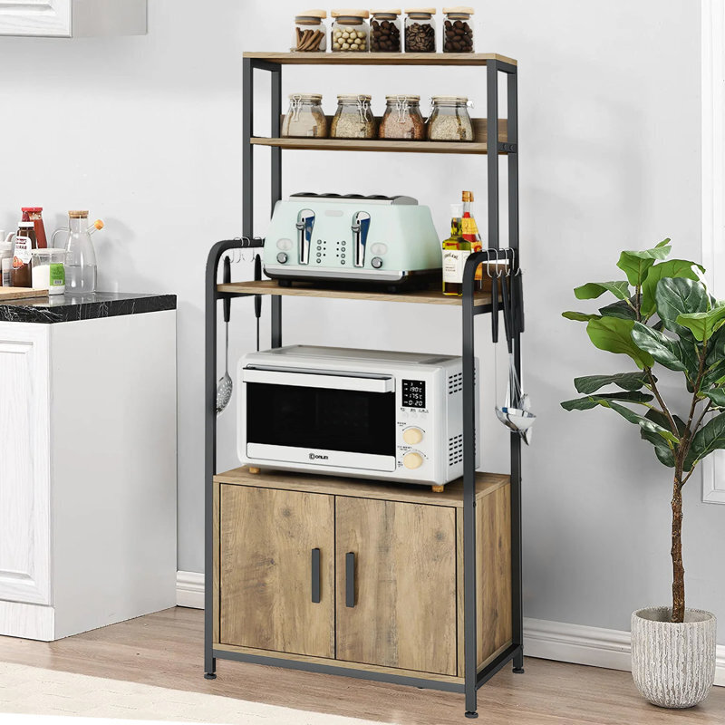 Closed Cabinet Wood and Metal Compact Microwave Stand
