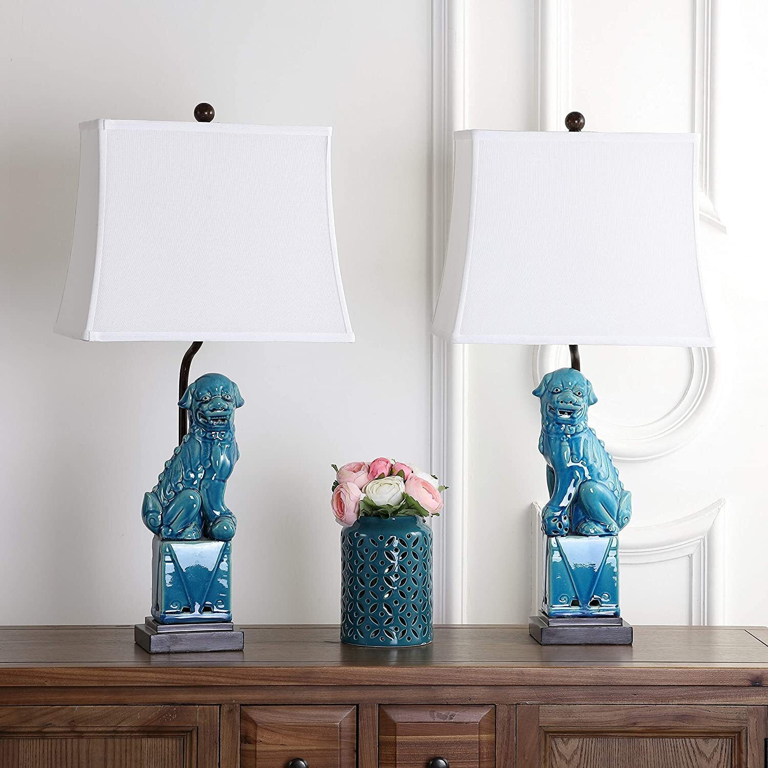 Colorful Foo Dog Lamps Pair