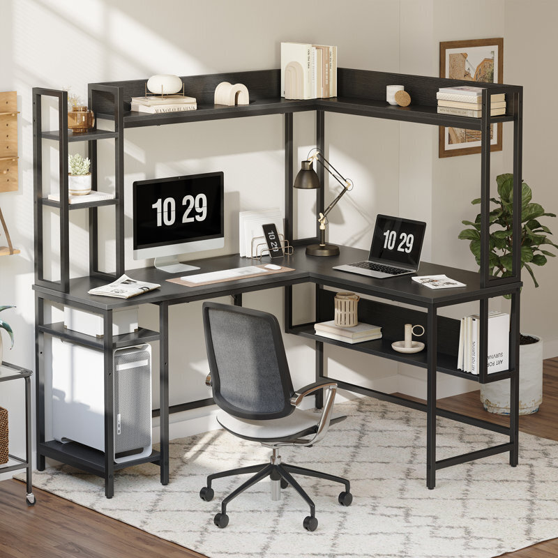 Compact and Organized Rustic Wood L Shaped Desk 