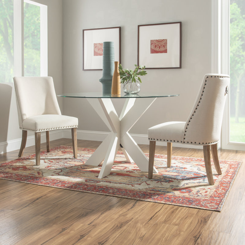 Contemporary glass dining table with wood base