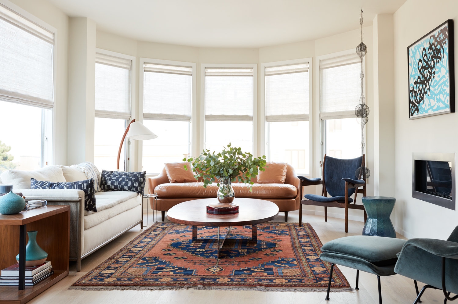 Contemporary living room with an array of windows