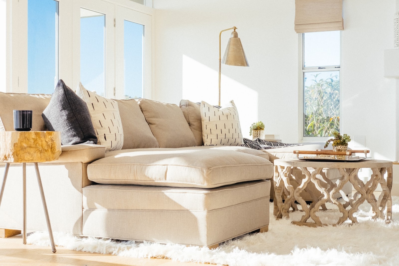 Contemporary living room with white walls and windows